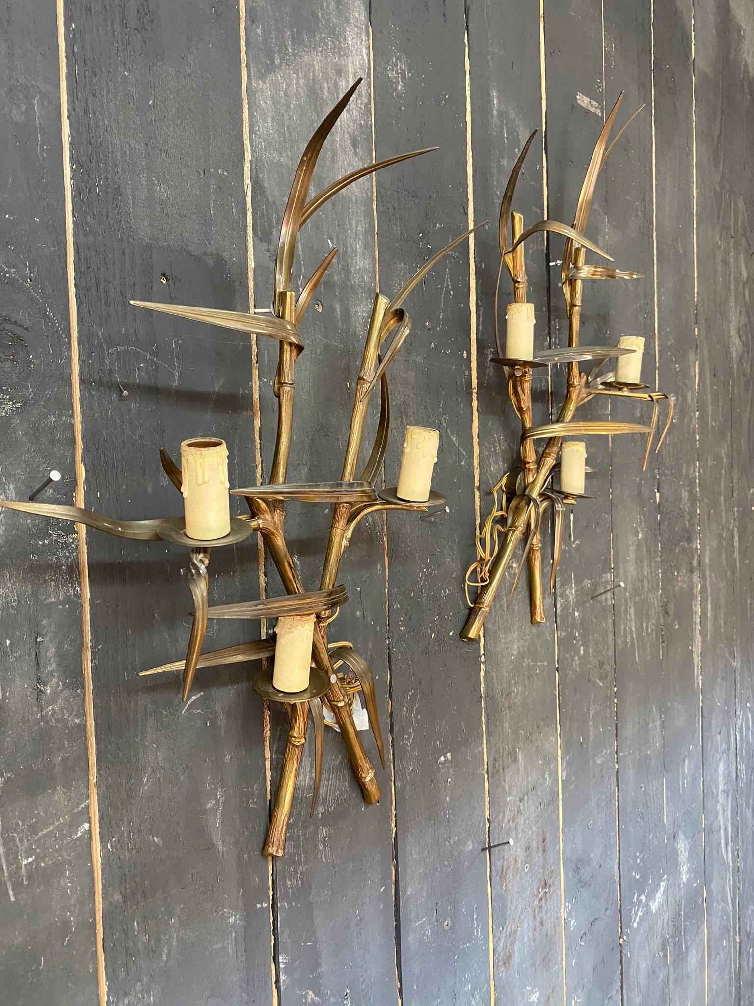 Maison Charles Pair of Bronze Sconces in Imitation of Bamboo, circa 1960/1970 For Sale 1