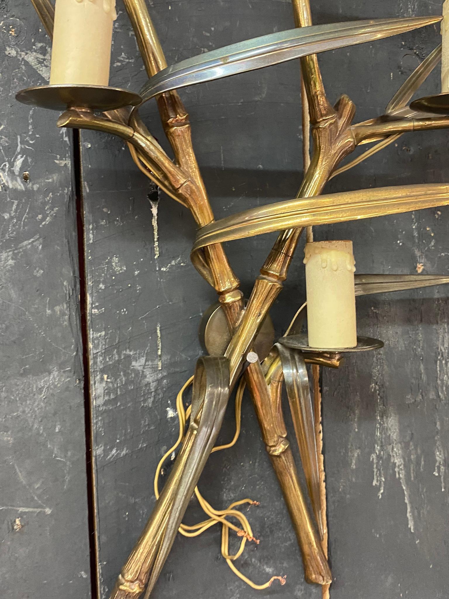 Maison Charles Pair of Bronze Sconces in Imitation of Bamboo, circa 1960/1970 For Sale 2