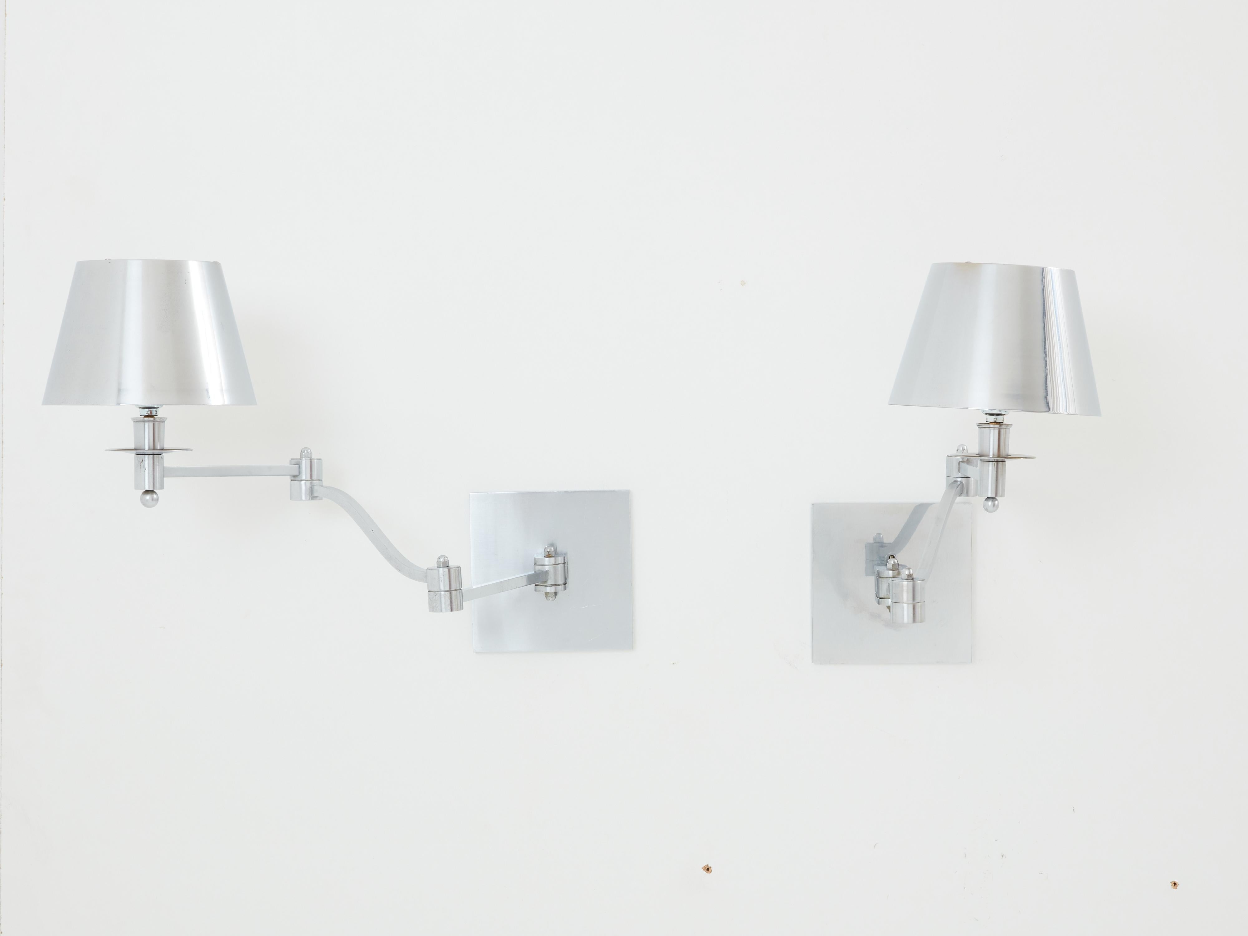 Maison Charles pair of brushed steel adjustable swing-arm sconces 1960s For Sale 3