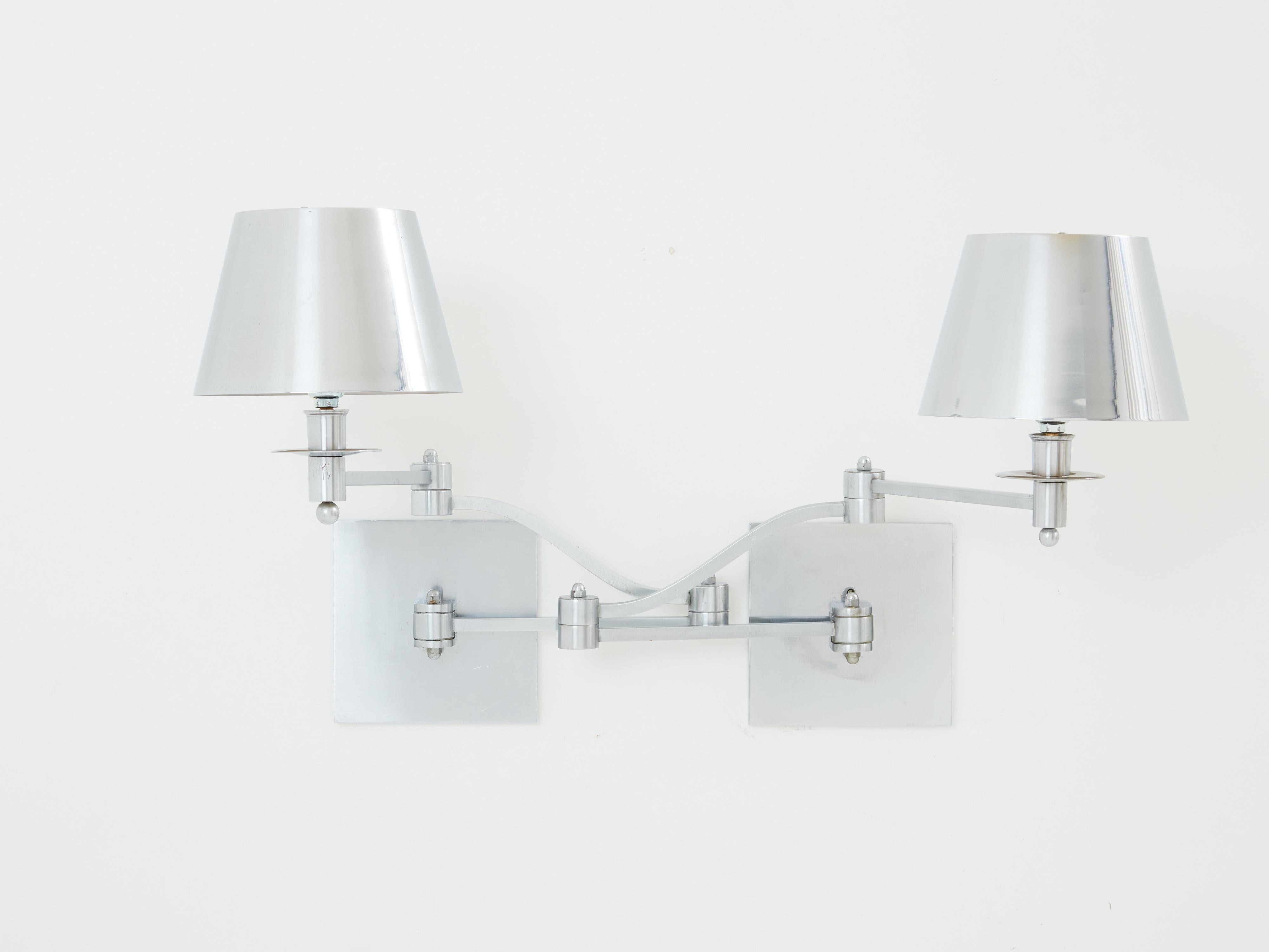 Maison Charles pair of brushed steel adjustable swing-arm sconces 1960s For Sale 4