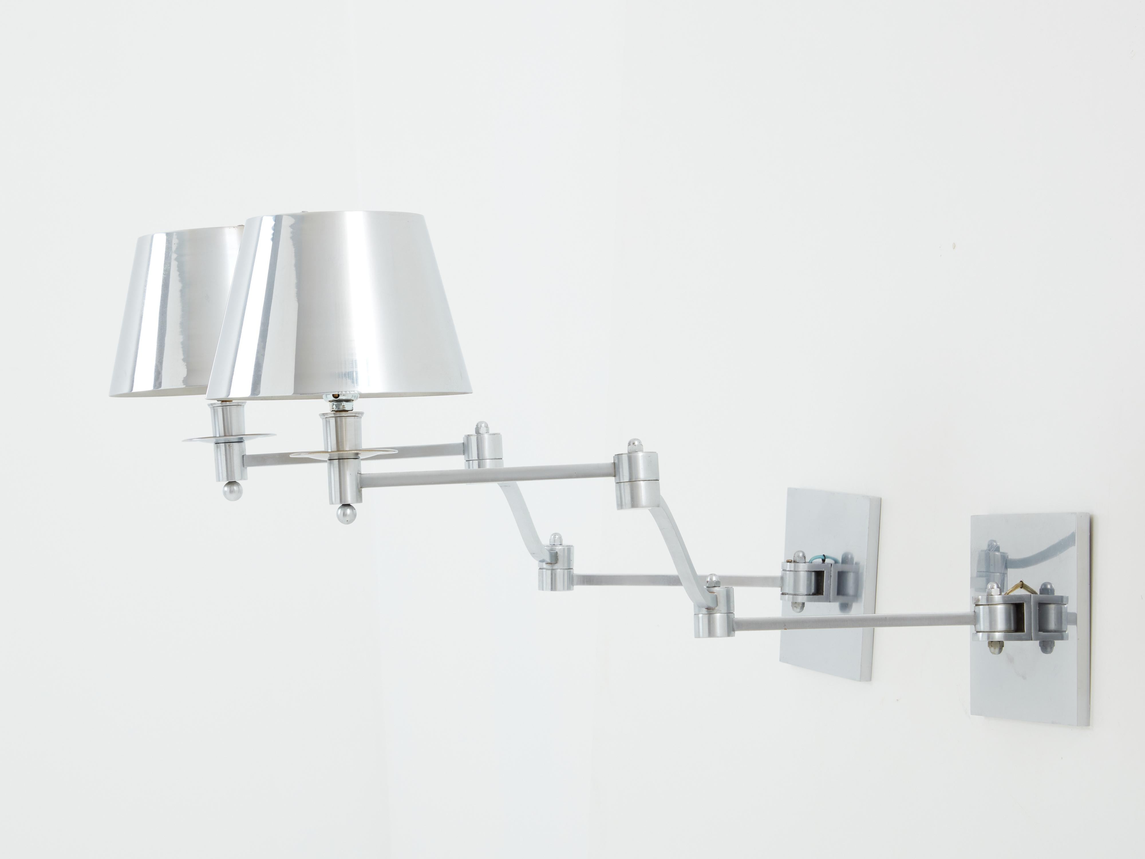 Maison Charles pair of brushed steel adjustable swing-arm sconces 1960s In Good Condition For Sale In Paris, IDF