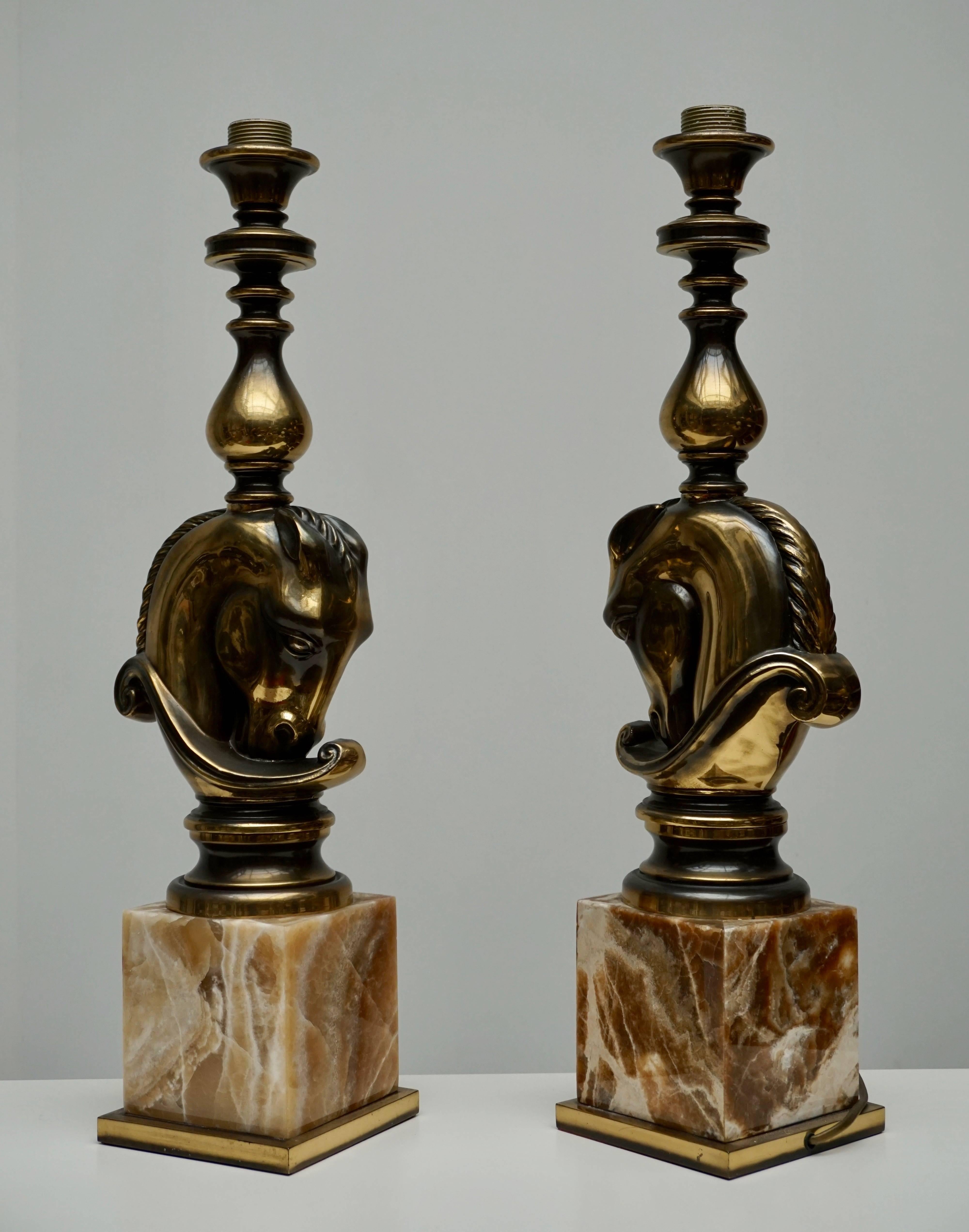 Hollywood Regency Maison Charles, Pair of Large Brass and Marble Horse Lamps For Sale