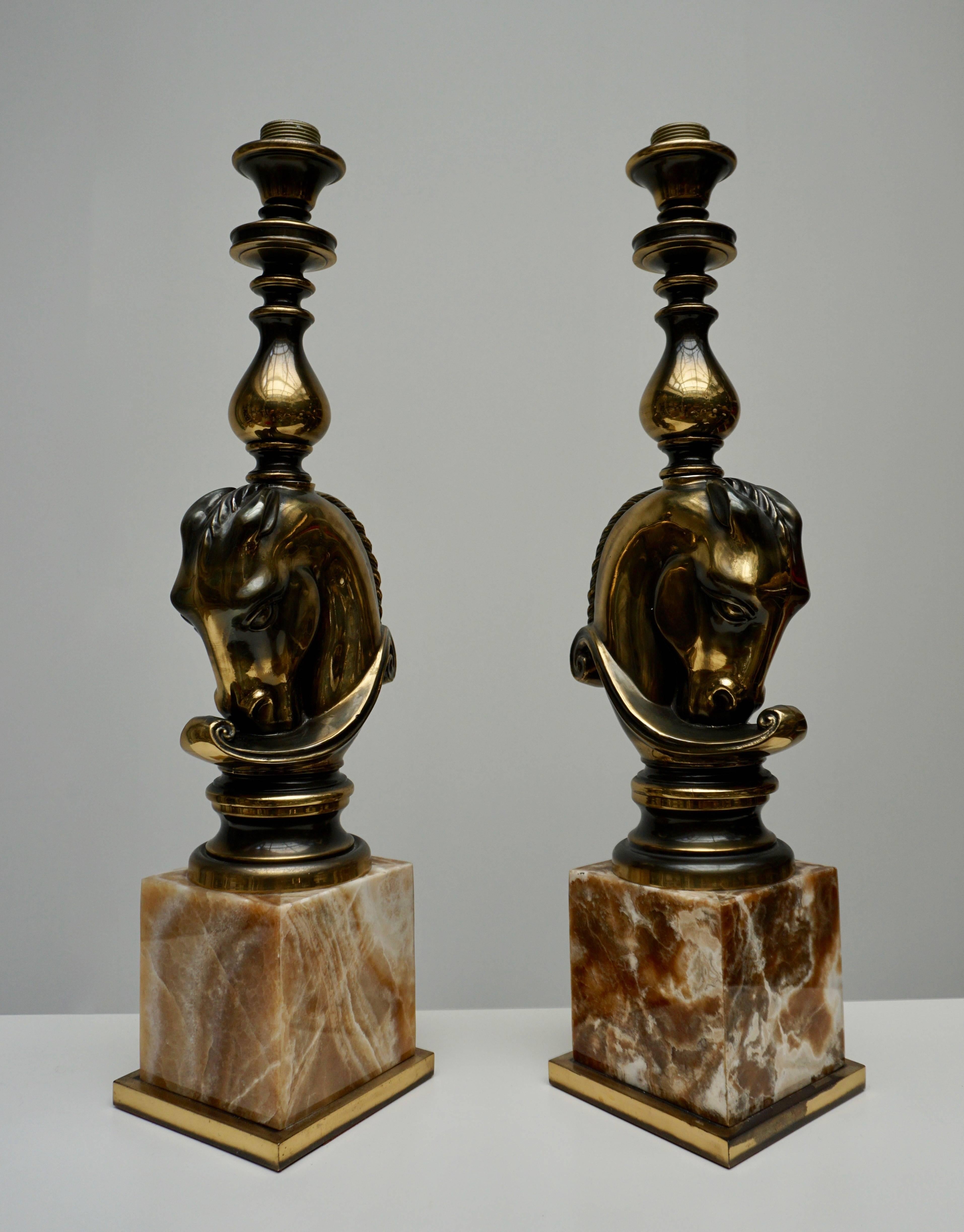 French Maison Charles, Pair of Large Brass and Marble Horse Lamps For Sale