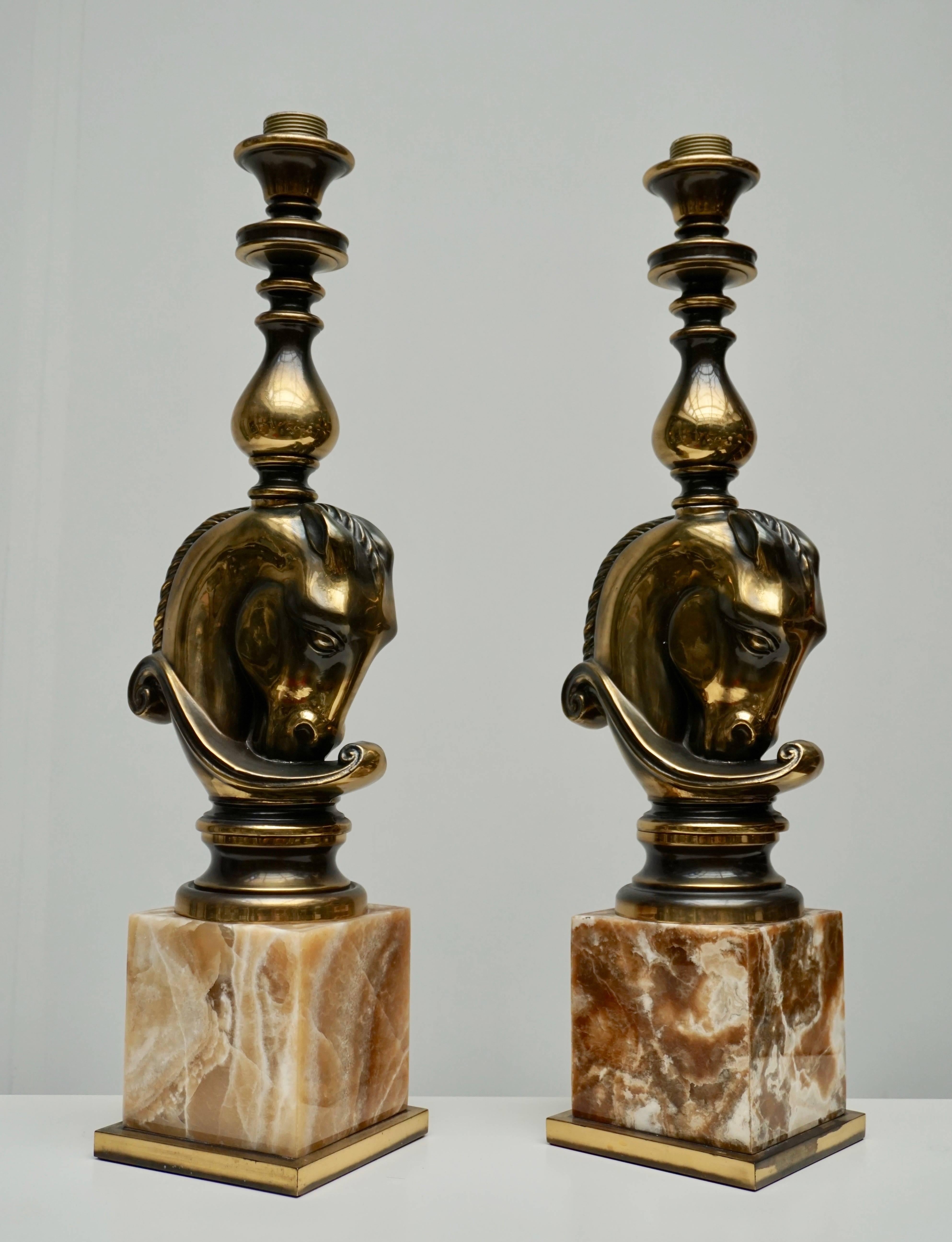 20th Century Maison Charles, Pair of Large Brass and Marble Horse Lamps For Sale