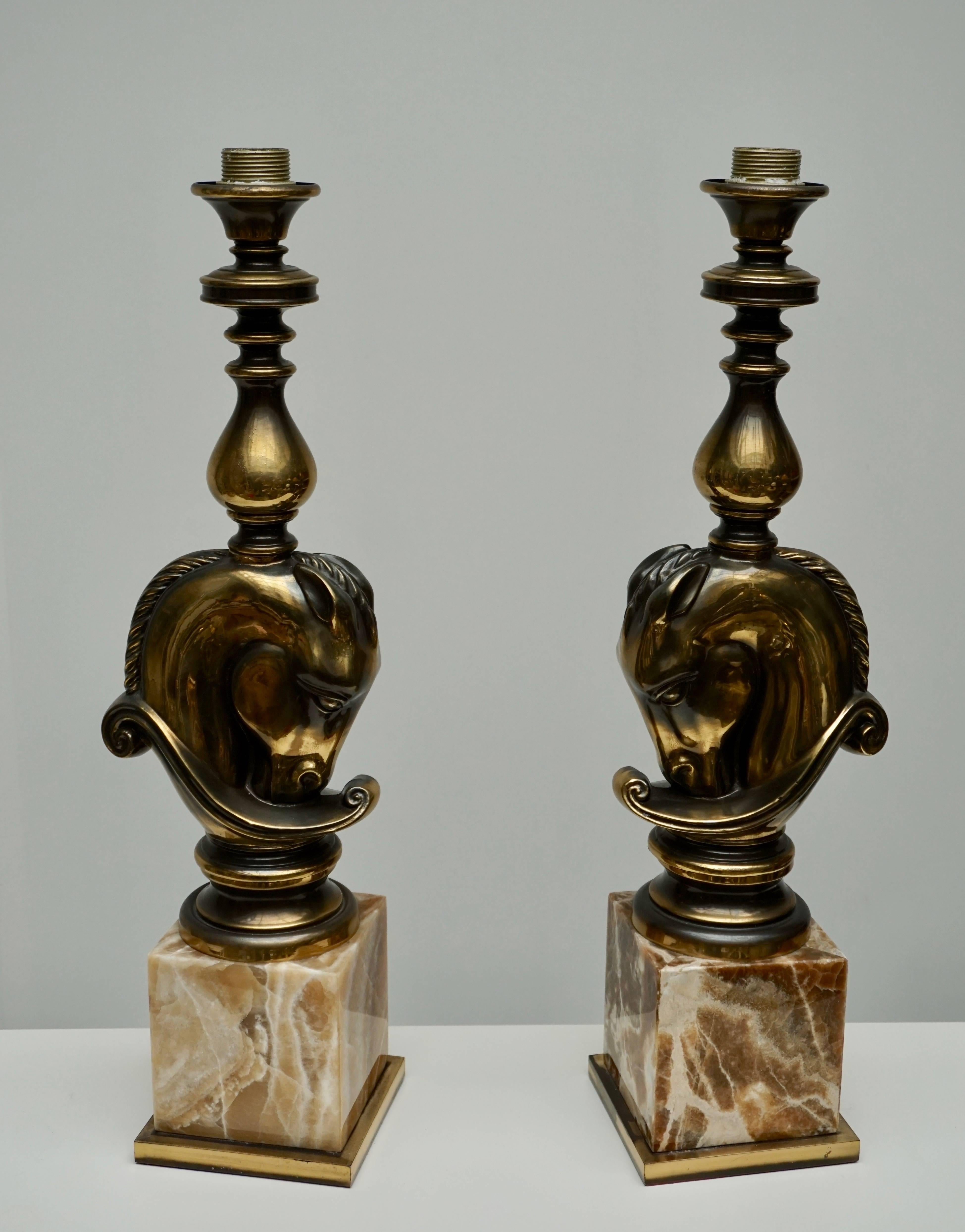 Maison Charles, Pair of Large Brass and Marble Horse Lamps For Sale 2