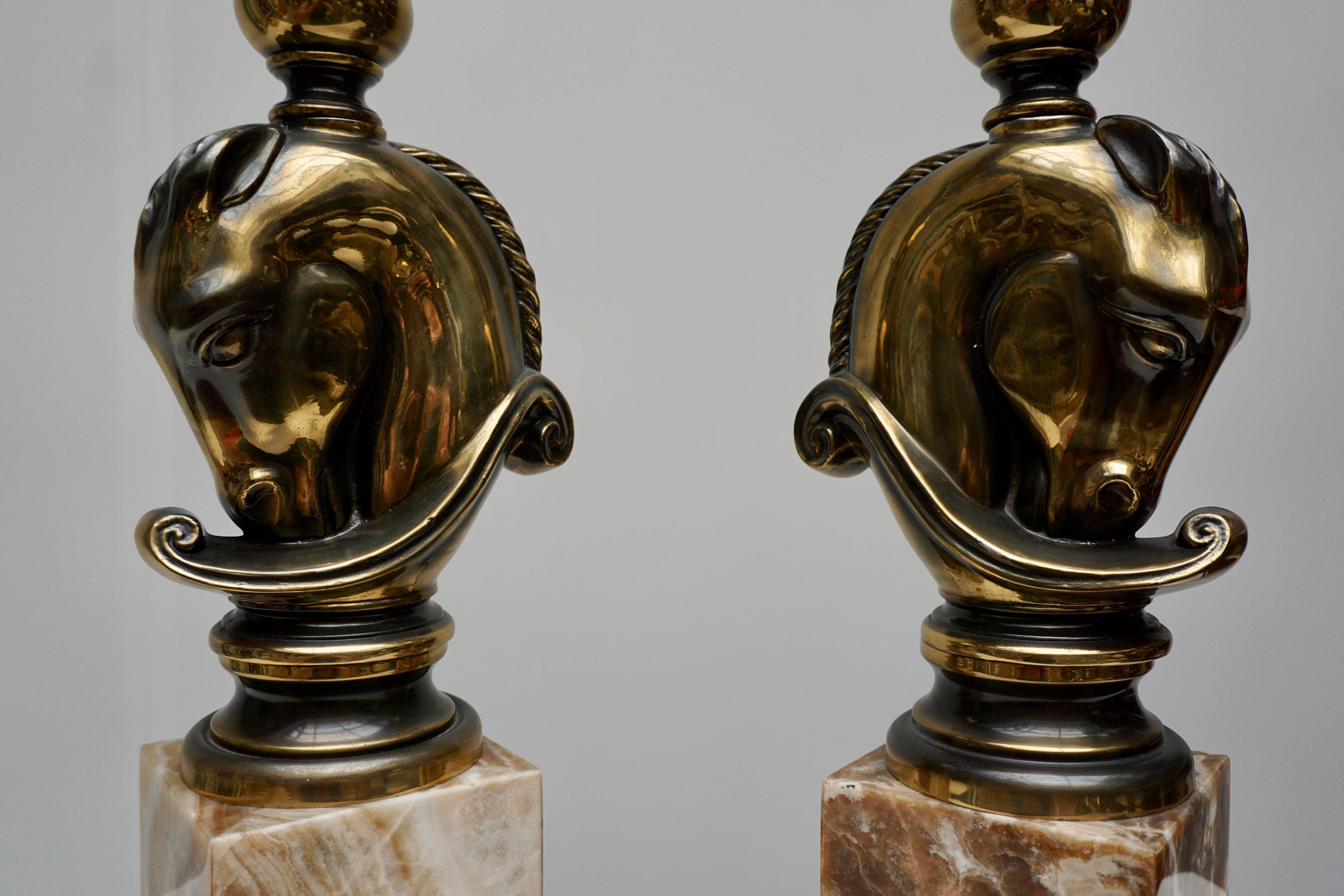 Maison Charles, Pair of Large Brass and Marble Horse Lamps For Sale 3