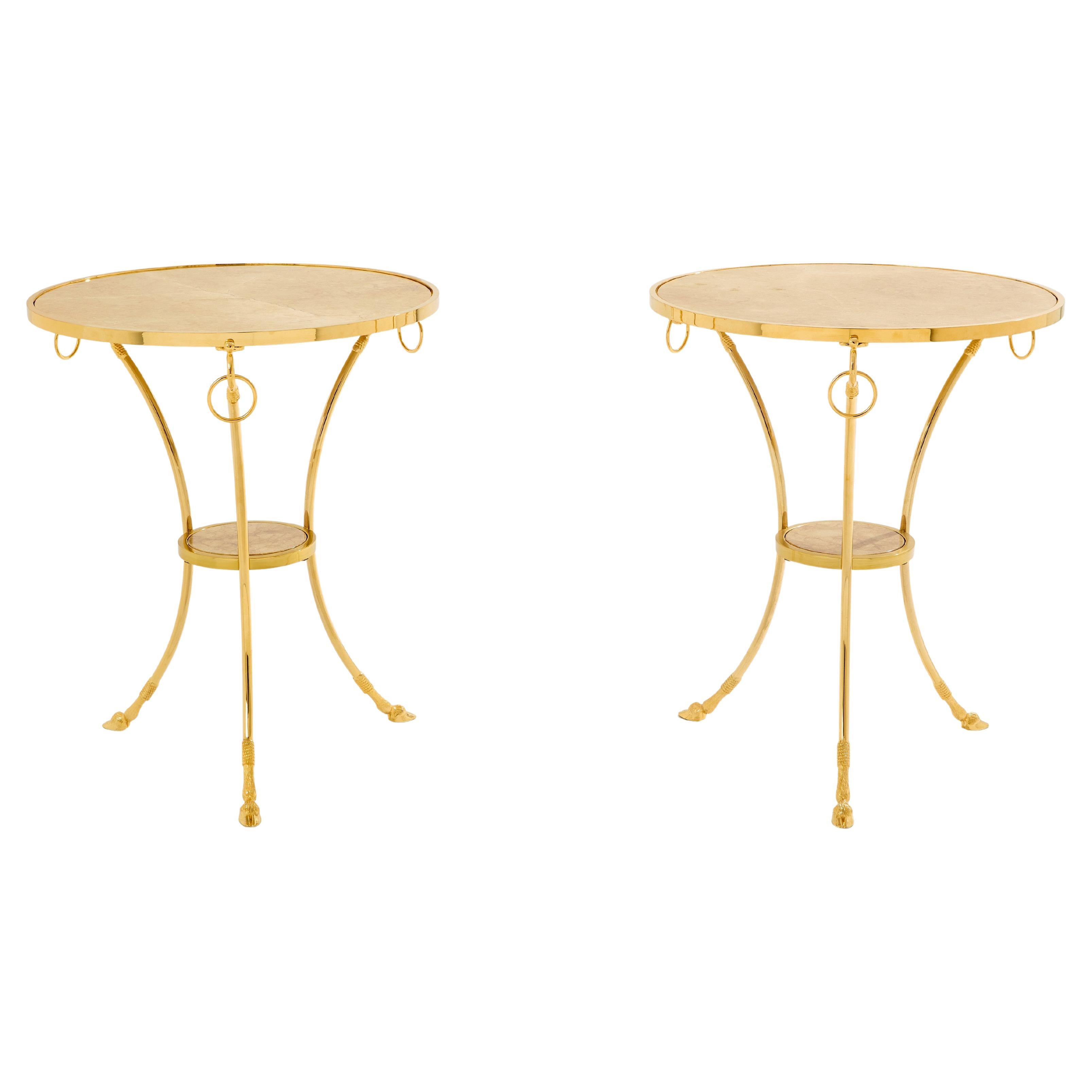 Maison Charles pair of Neoclassical brass marble gueridon tables 1960s