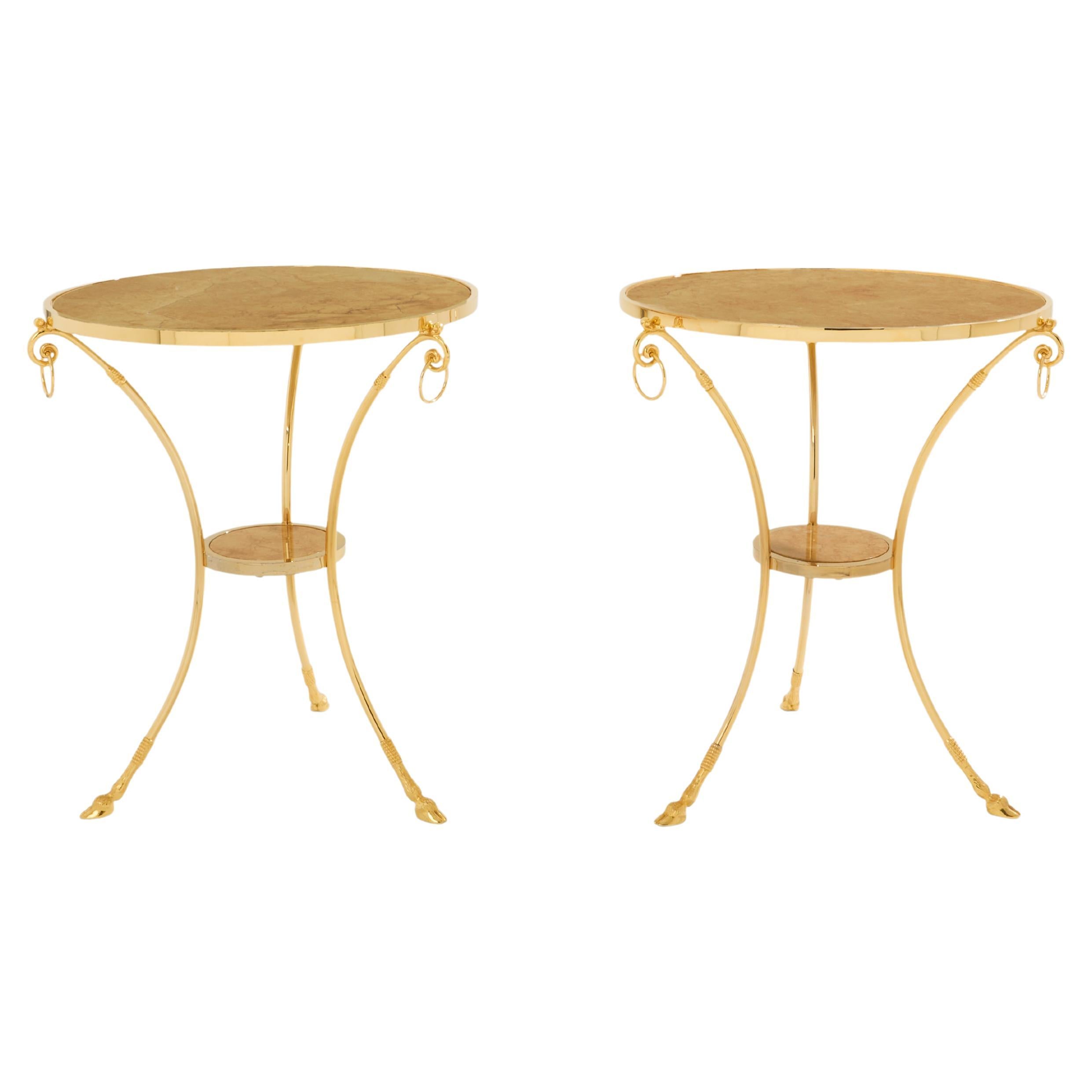 Maison Charles pair of Neoclassical brass marble gueridon tables 1960s
