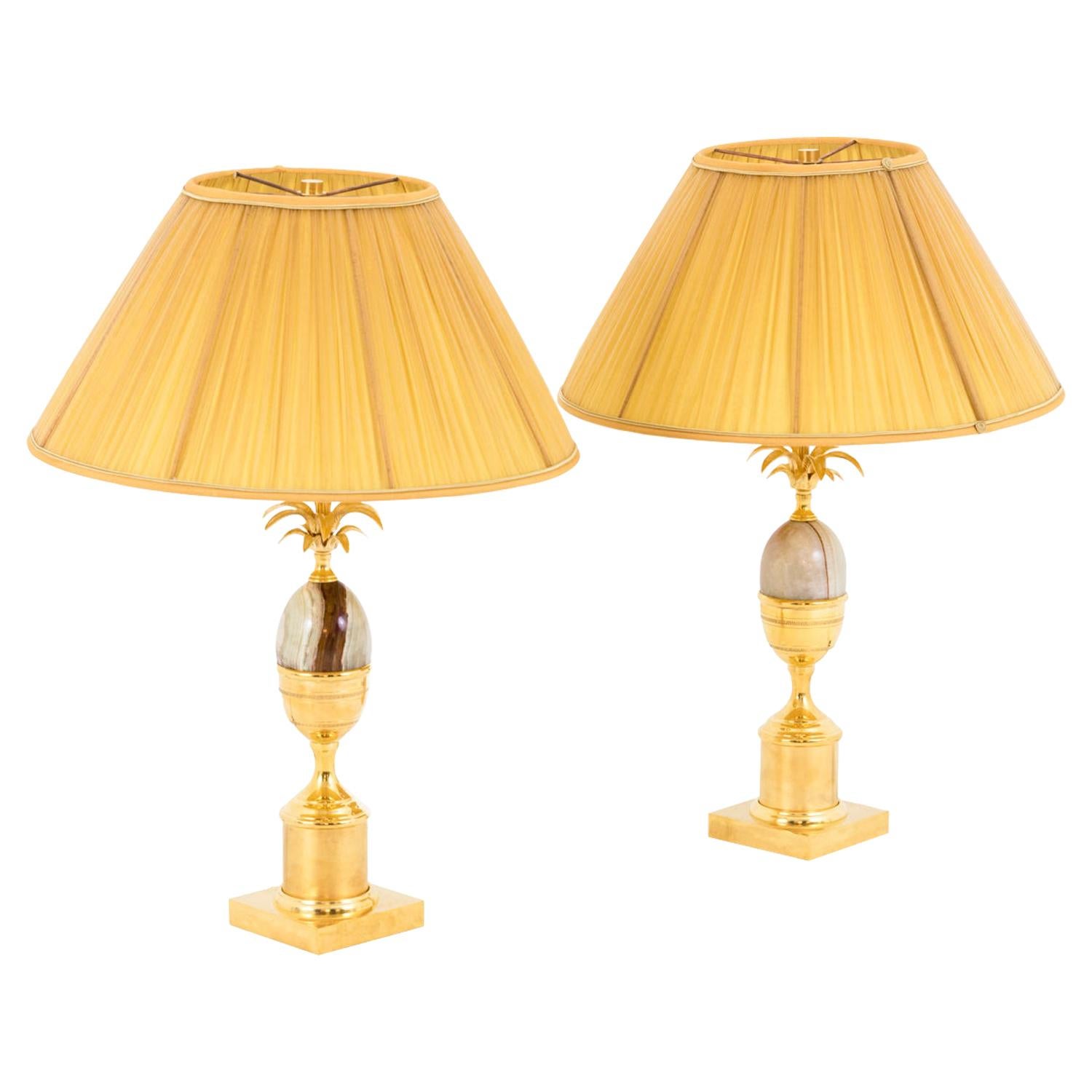 Maison Charles, Pair of Onyx Egg Lamps with Gilt Brass, 1970s