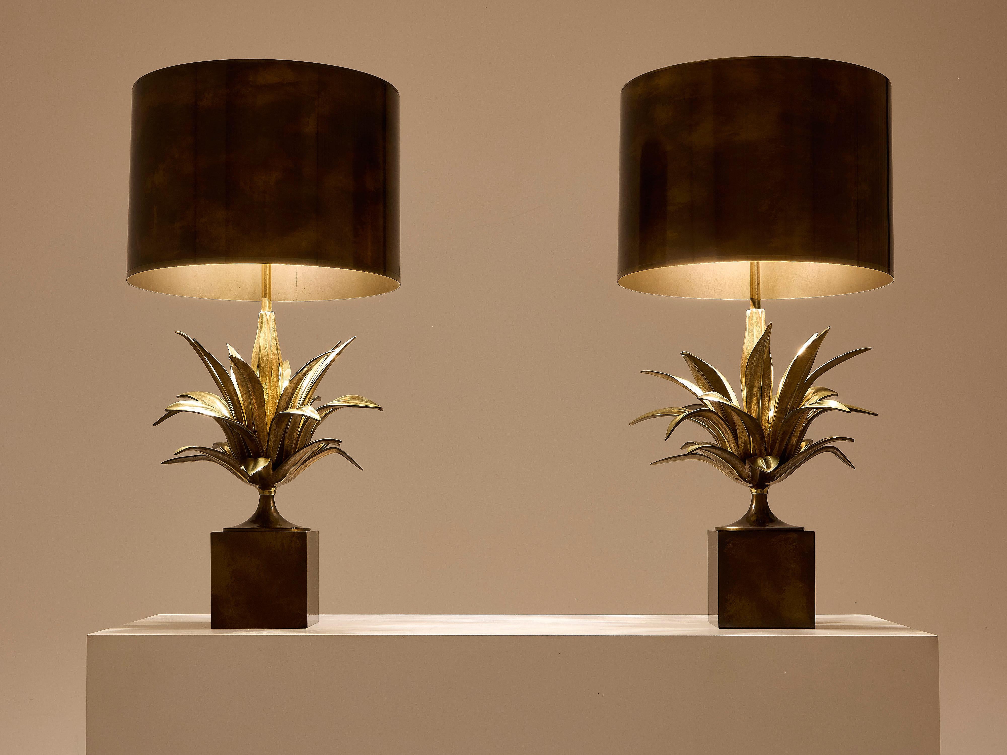 Maison Charles pair of patinated bronze and brass lamps agave 1970s 3