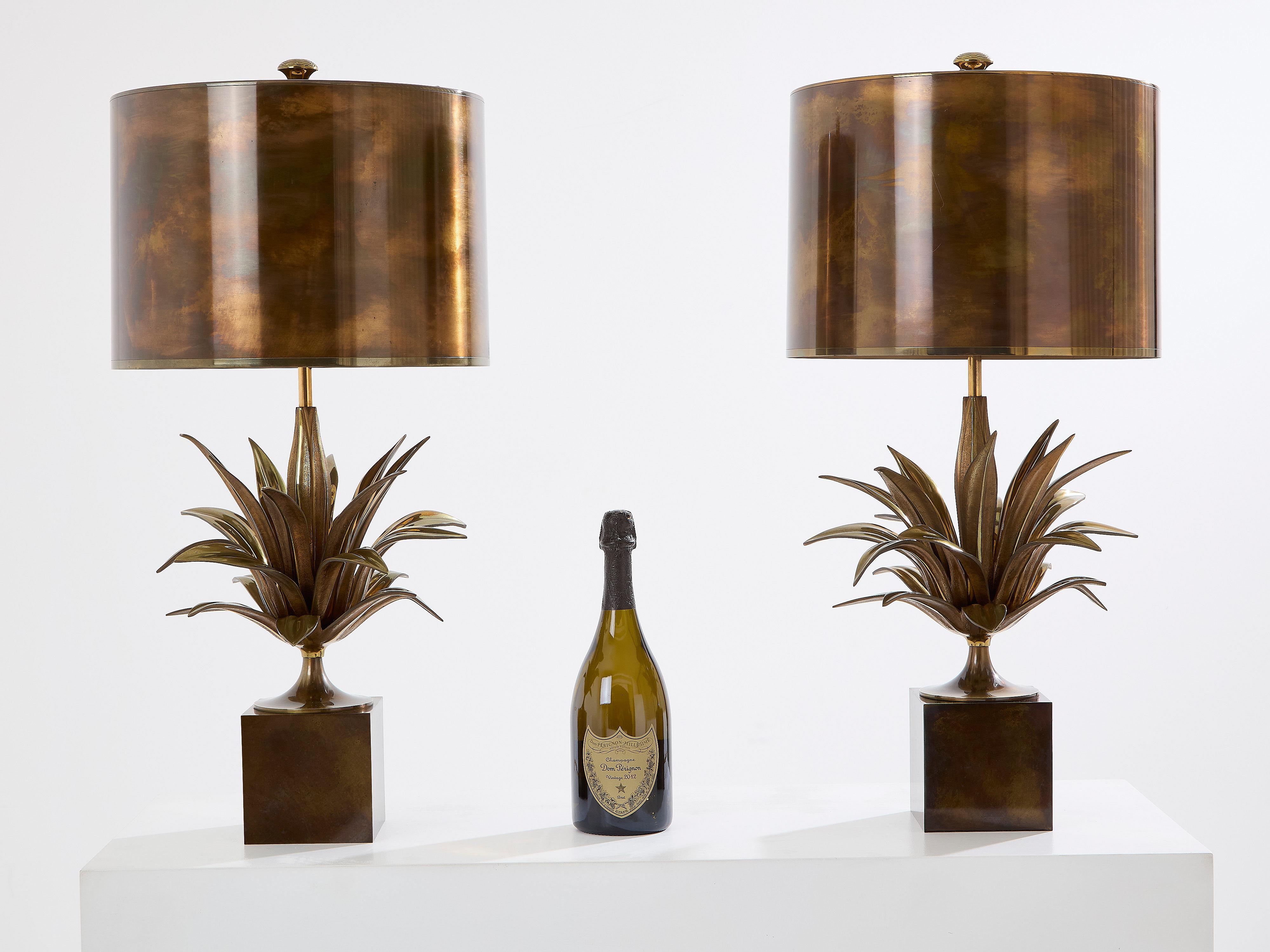 Maison Charles pair of patinated bronze and brass lamps agave 1970s 4