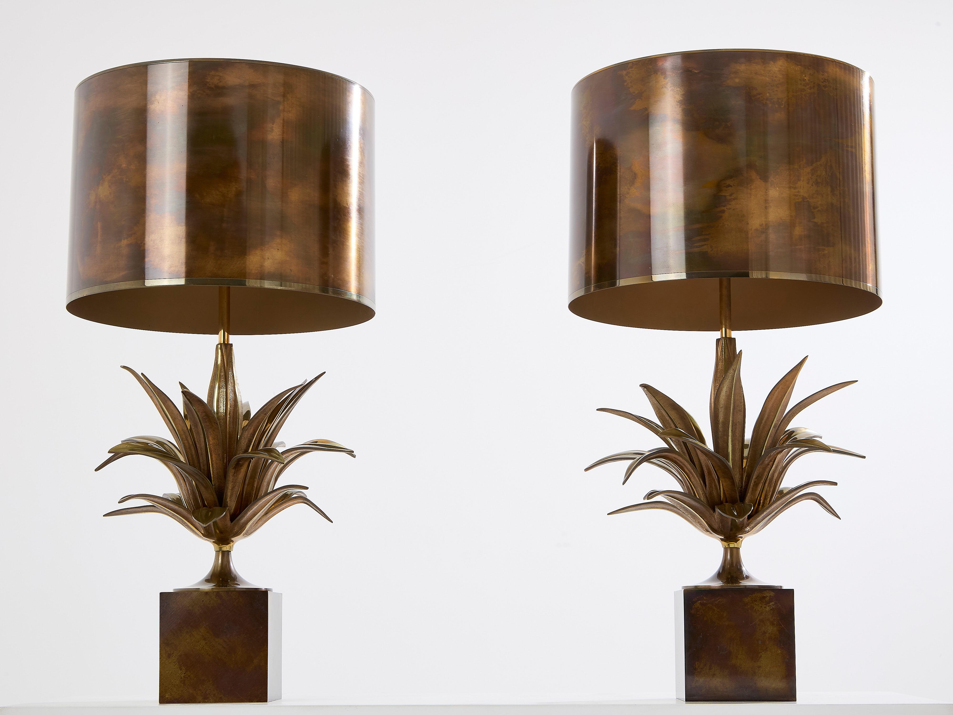 Maison Charles pair of patinated bronze and brass lamps agave 1970s 6
