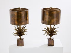 Maison Charles pair of patinated bronze and brass lamps agave 1970s