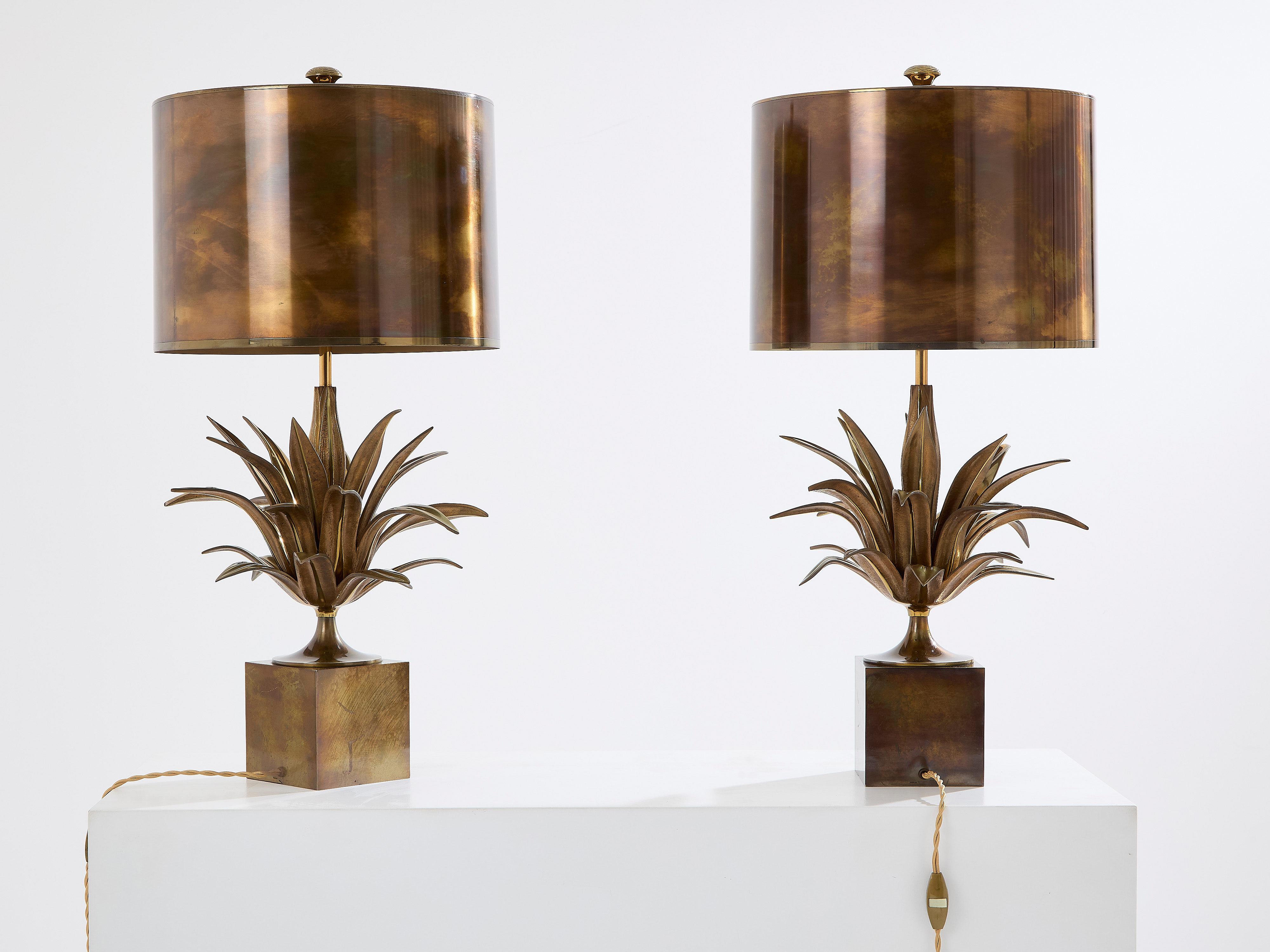 Art Deco Maison Charles pair of patinated bronze and brass lamps agave 1970s