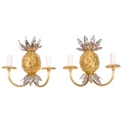 Maison Charles, Pair of Pineapple Wall Sconces in Gilt Bronze, 1970s