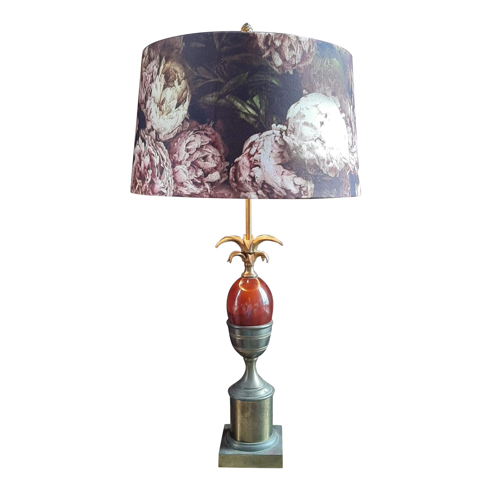 Maison Charles Palm or Pineapple Table Lamp in Copper and Colored Glass, 1960s For Sale