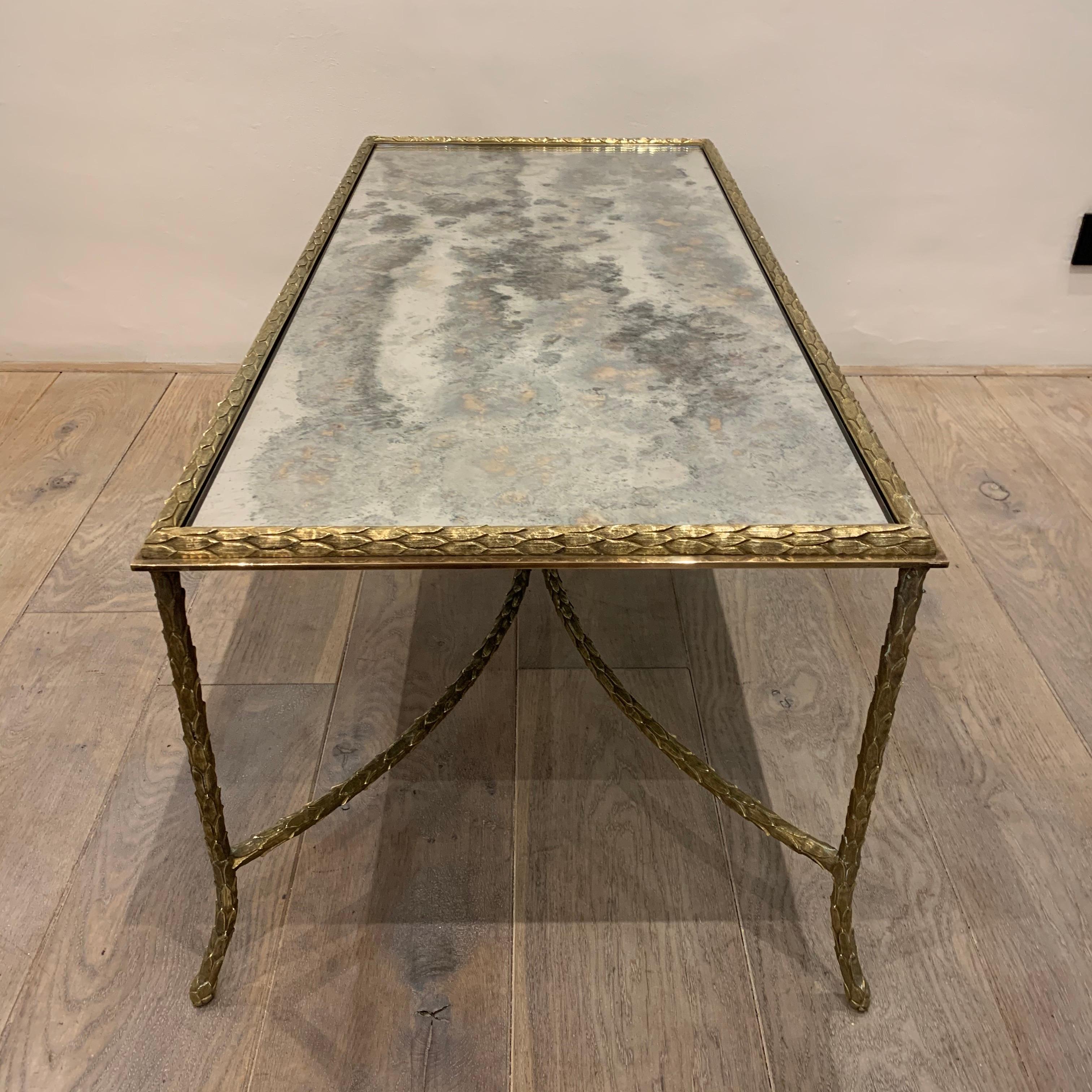 French Maison Charles Paris Coffee Table with Oxidized Mirror Top, 1960s