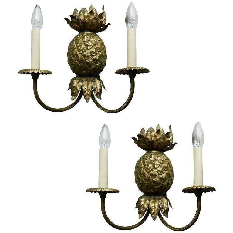 Maison Charles Pineapple Bronze Sconces Wall Lamps Neoclassical France, Pair For Sale 1