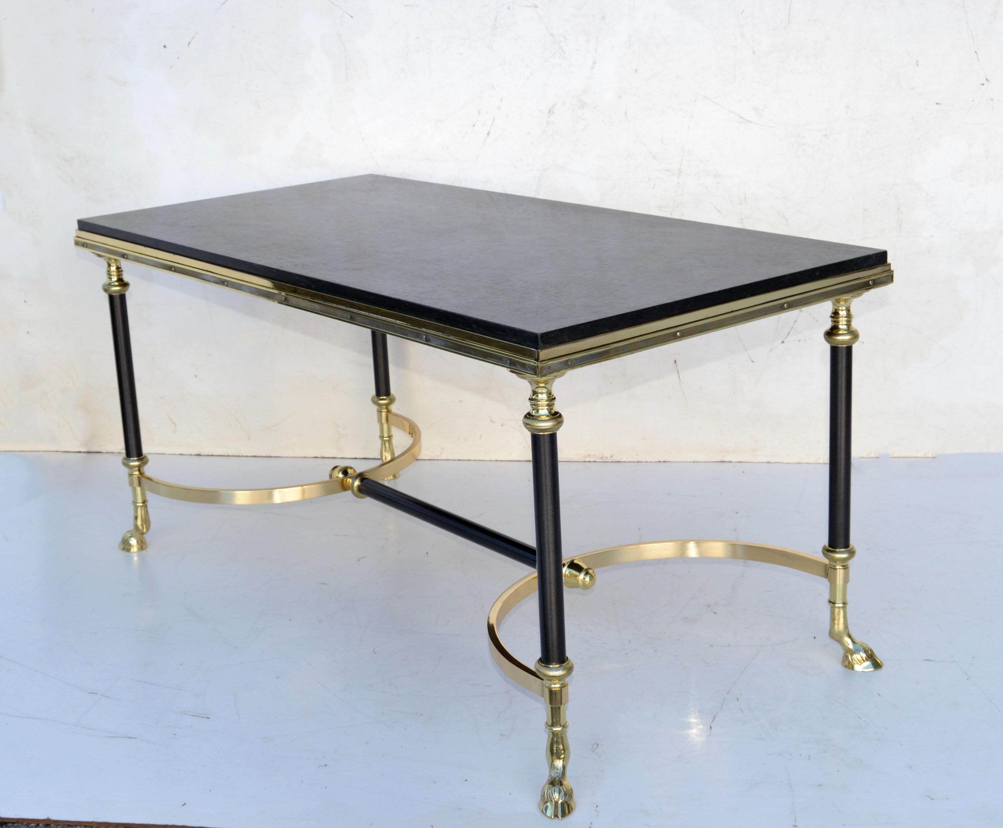 Superb Neoclassical Maison Charles Coffee Table made out of Steel, two patina polished Brass and Wood which supports the thick dark gray-greenish Marble Top.
Marble measures:
19.5 x 1 x 39.5 inches.
Stunning French Craftsmanship. 
Newly restored.