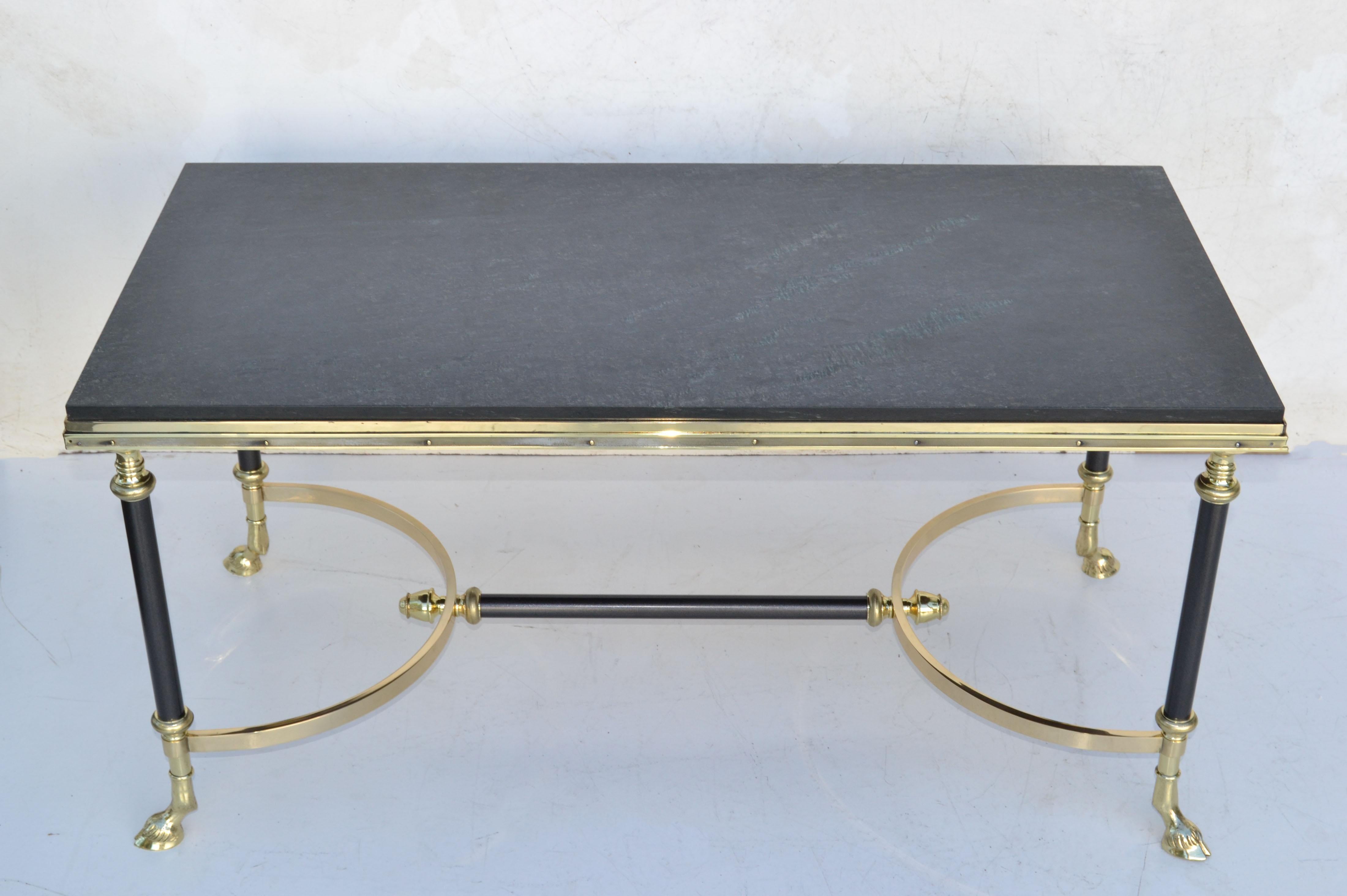 Neoclassical Maison Charles Polished Brass, Steel & Marble Coffee Table France 1950 For Sale