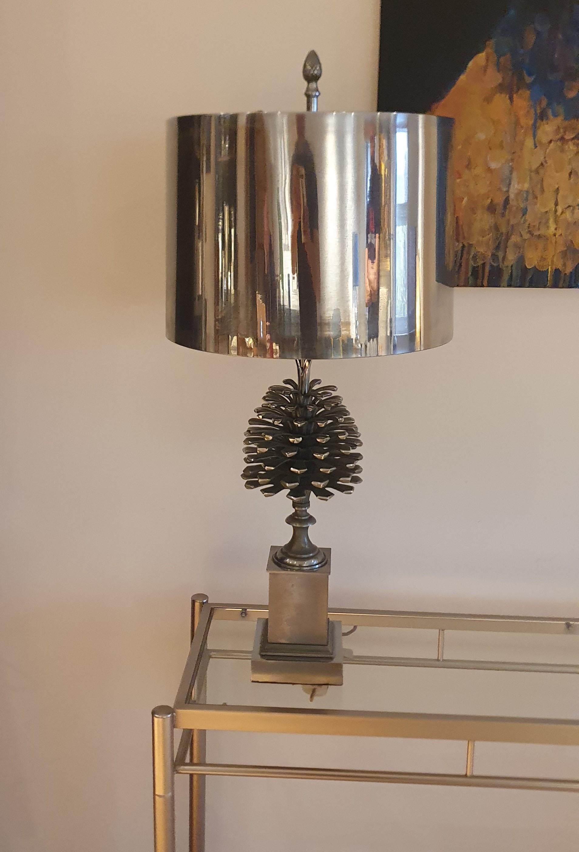 Maison Charles Pomme de Pin 'Pine Cone' Table Lamp in Matt & Polished Nickel For Sale 4