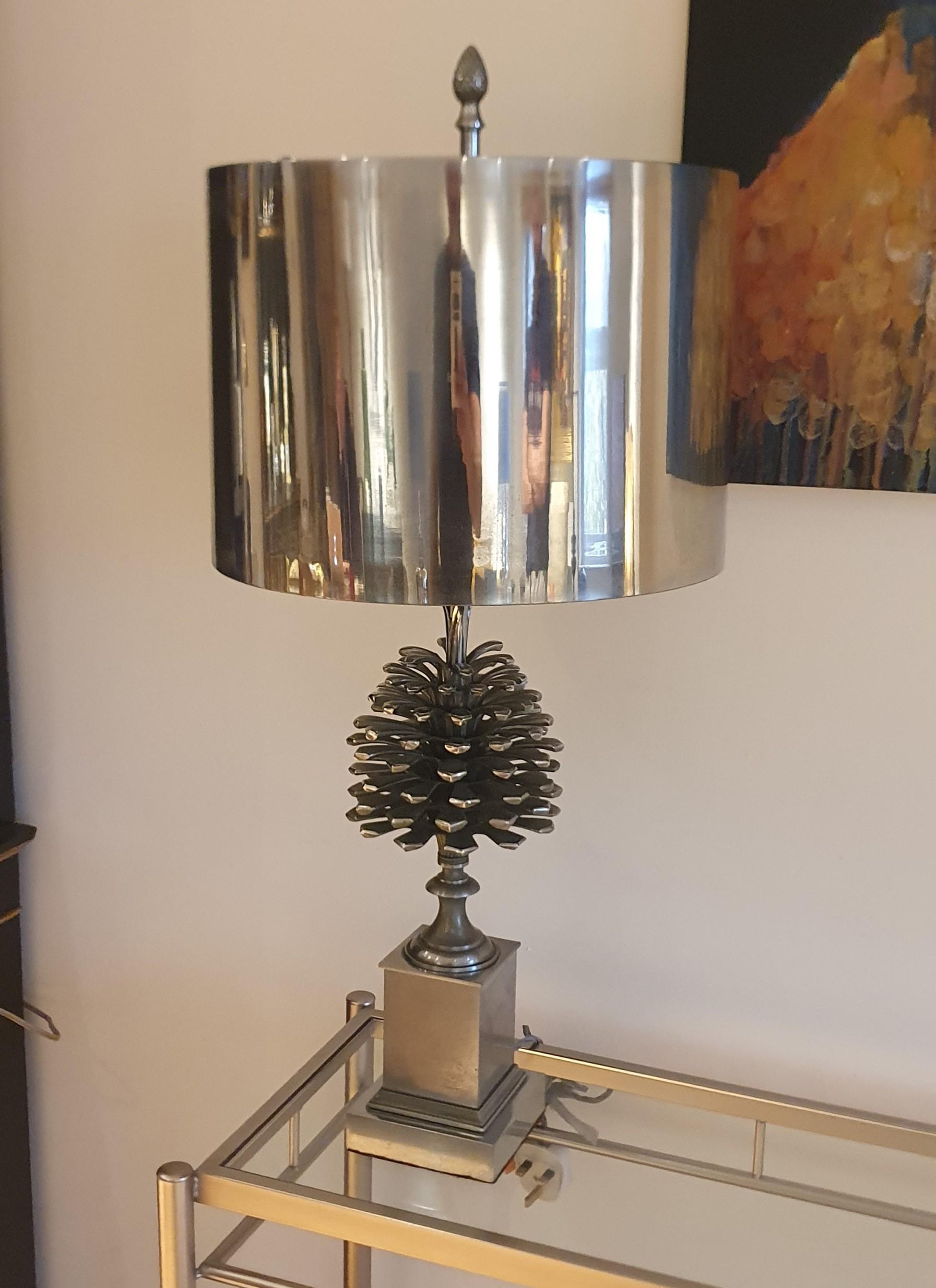 Hand-Carved Maison Charles Pomme de Pin 'Pine Cone' Table Lamp in Matt & Polished Nickel For Sale