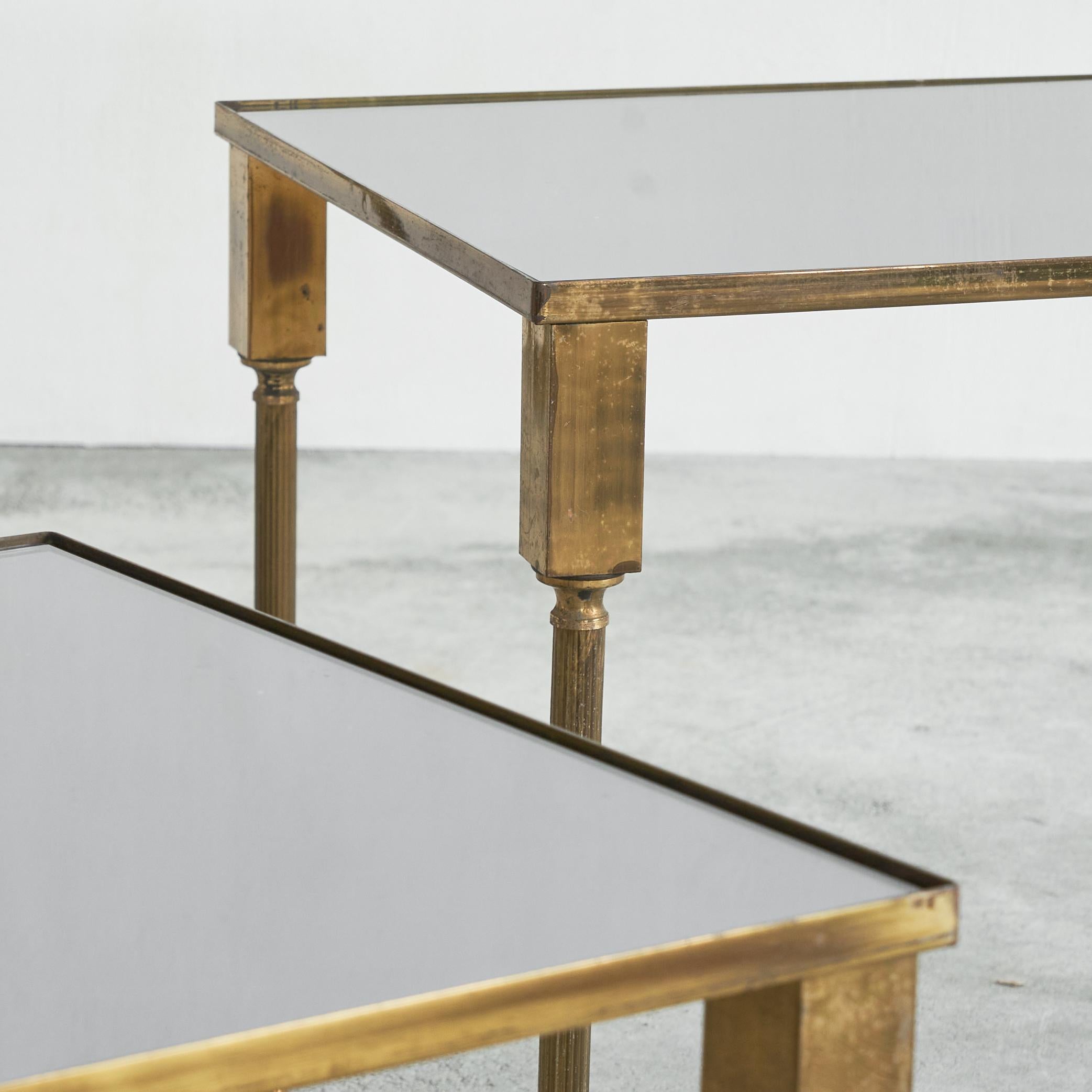 20th Century Maison Charles Set of 3 Nesting Tables in Patinated Brass and Mirror Glass 1960s