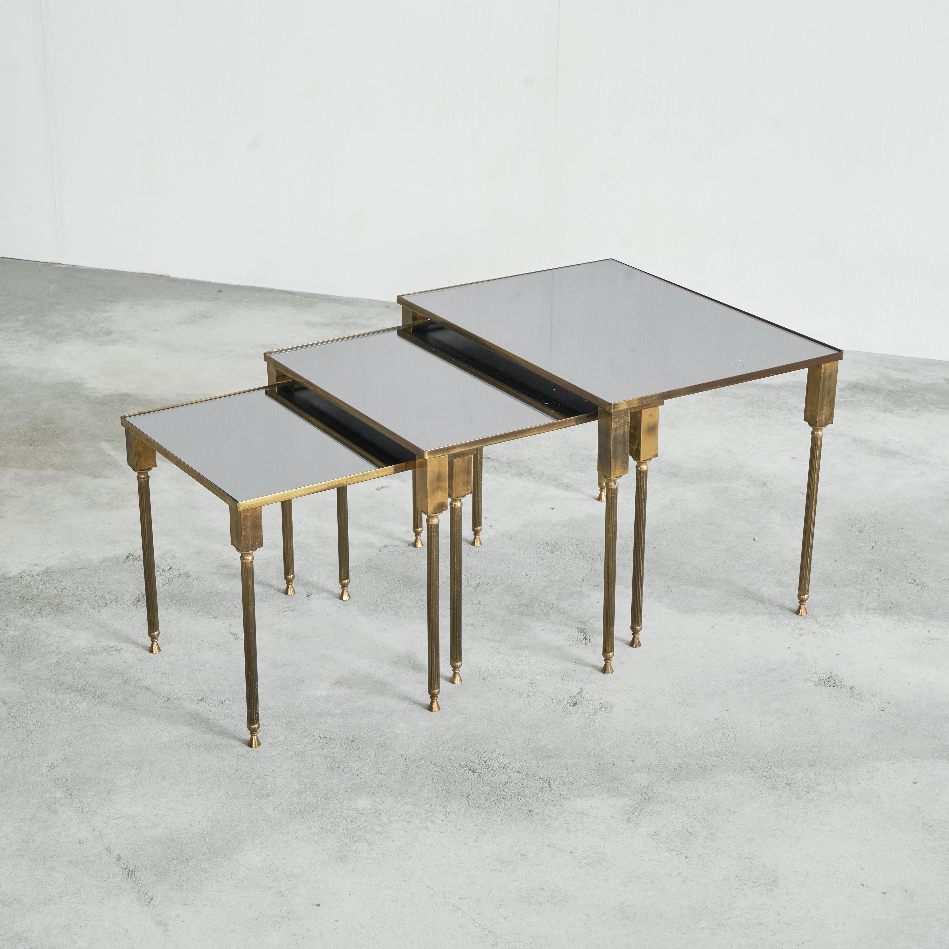 Maison Charles Set of 3 Nesting Tables in Patinated Brass and Mirror Glass 1960s 3