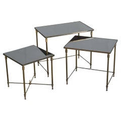Maison Charles Set of 3 Nesting Tables in Patinated Brass and Mirror Glass 1960s