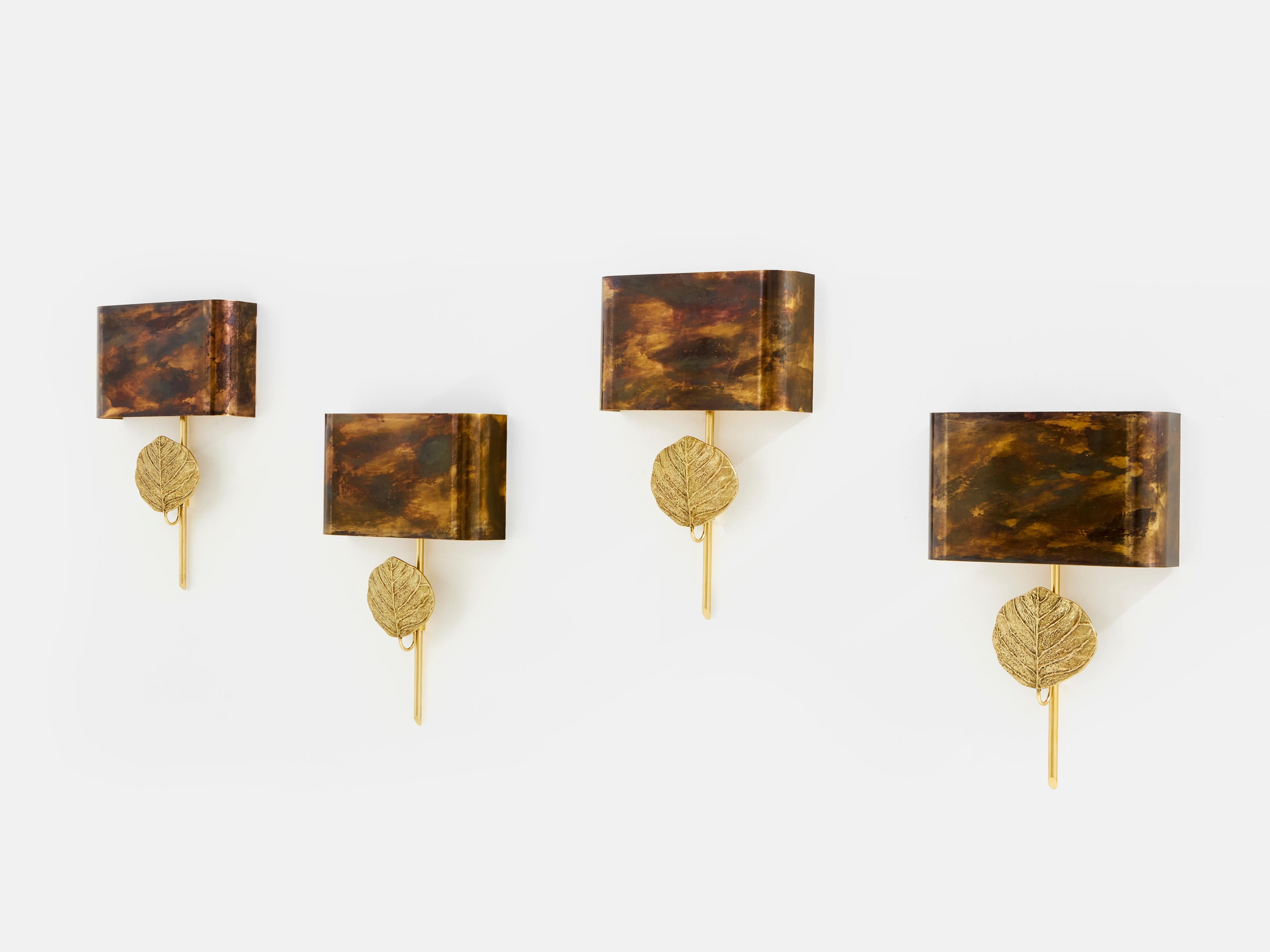 French Maison Charles set of four patinated bronze and brass sconces 1970s For Sale