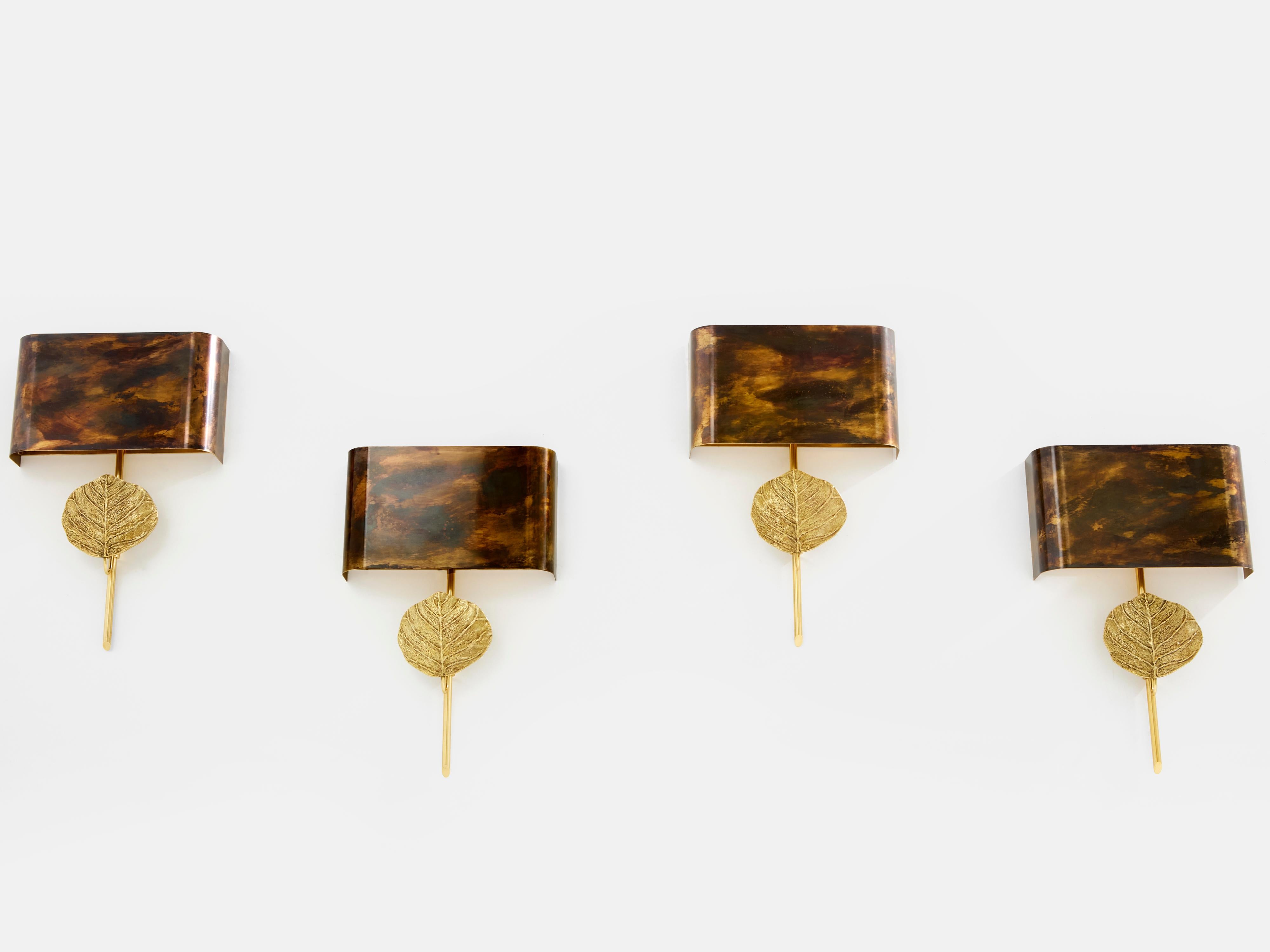 Maison Charles set of four patinated bronze and brass sconces 1970s For Sale 2
