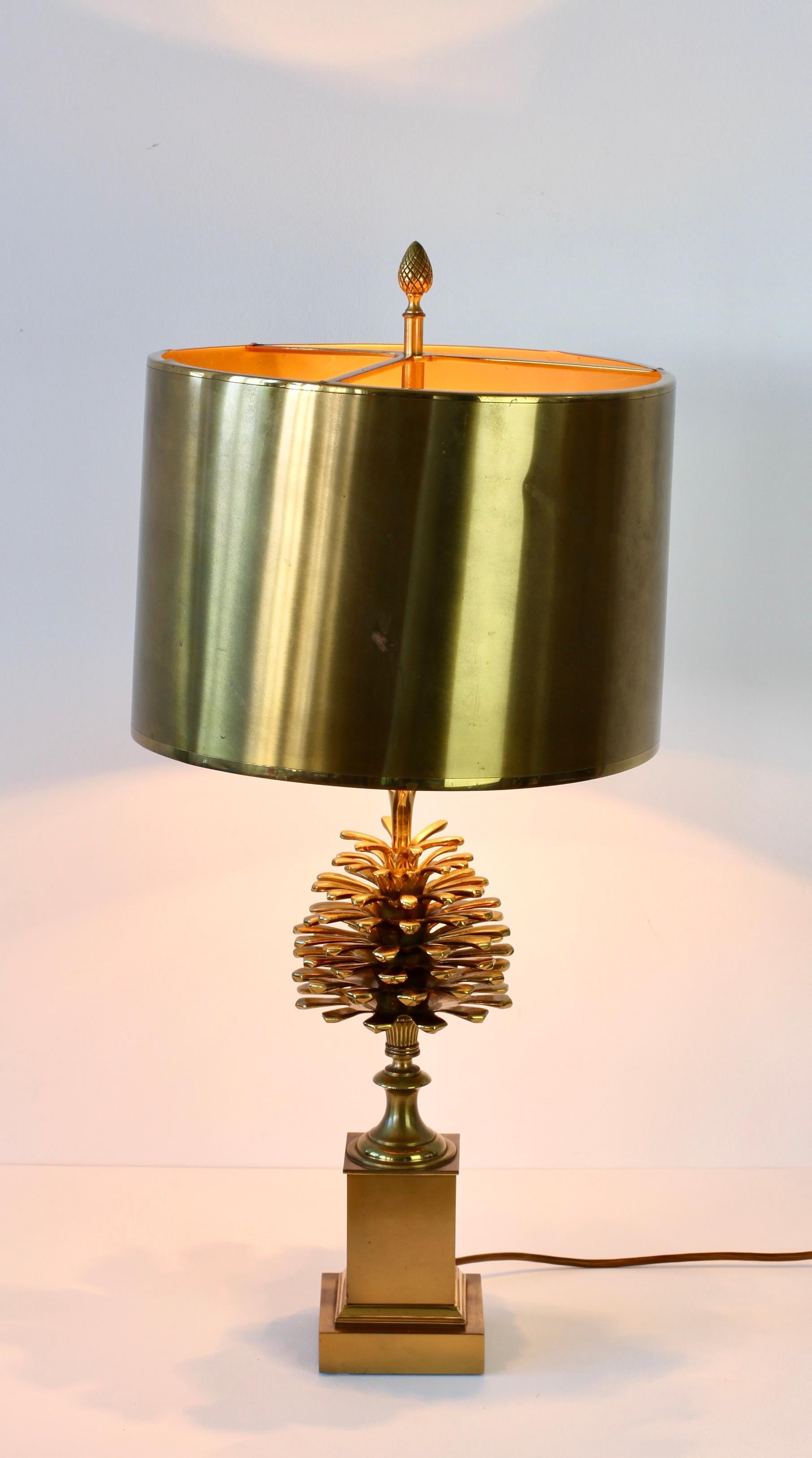 Maison Charles Signed Pine Cone Brass Table Lamp with Original Metal Shades 2