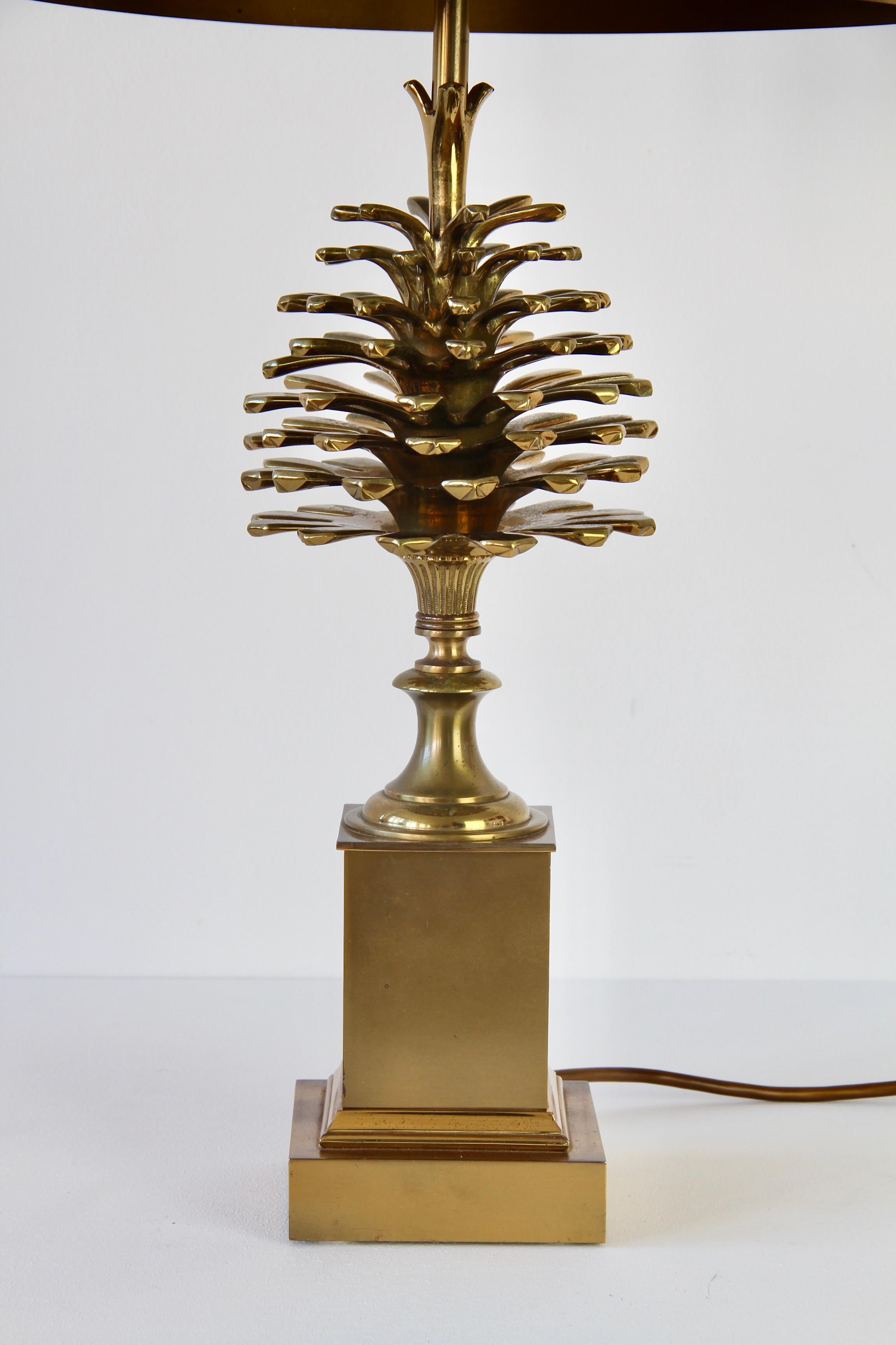 Maison Charles Signed Pine Cone Brass Table Lamp with Original Metal Shades 3