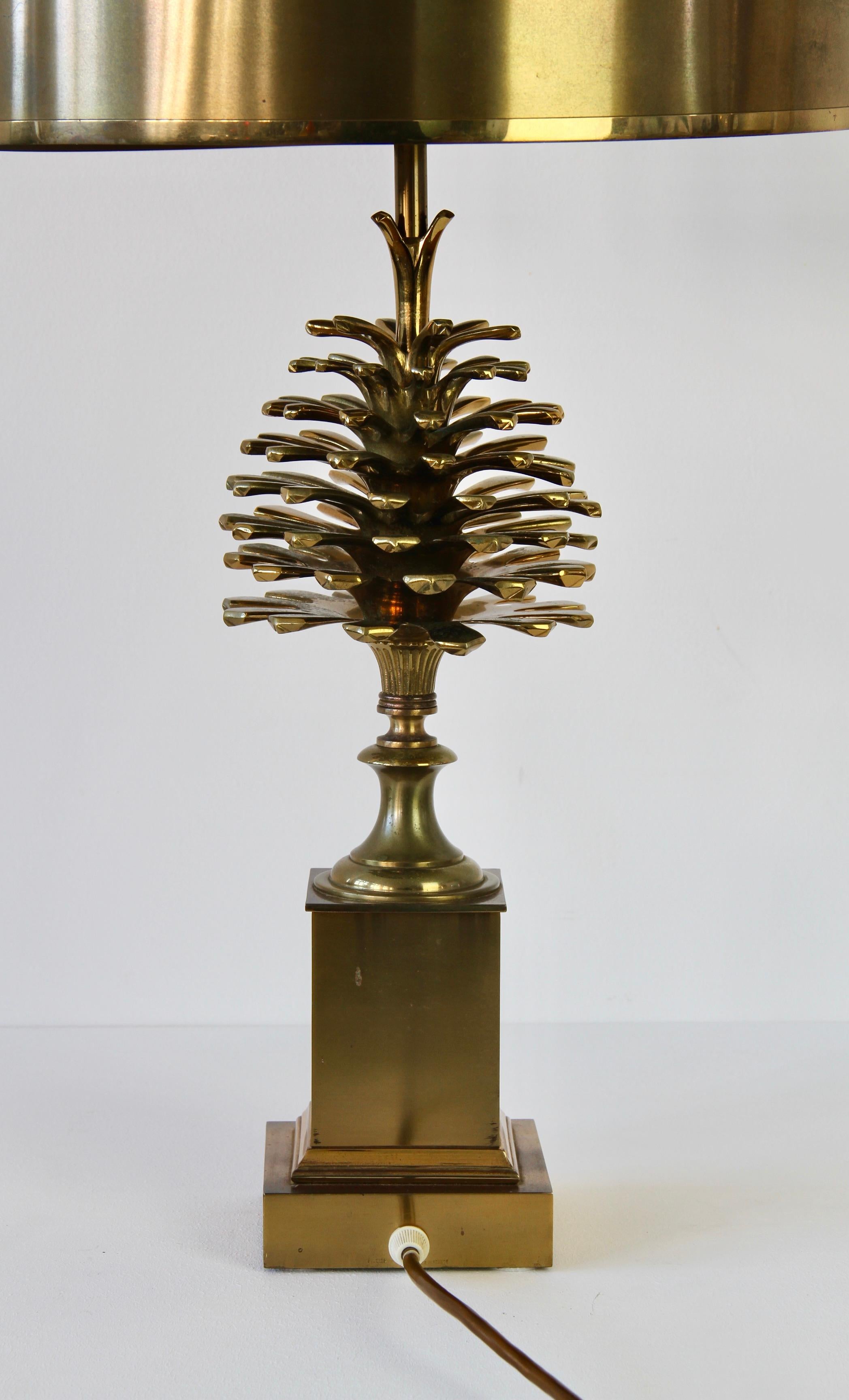 Maison Charles Signed Pine Cone Brass Table Lamp with Original Metal Shades 5