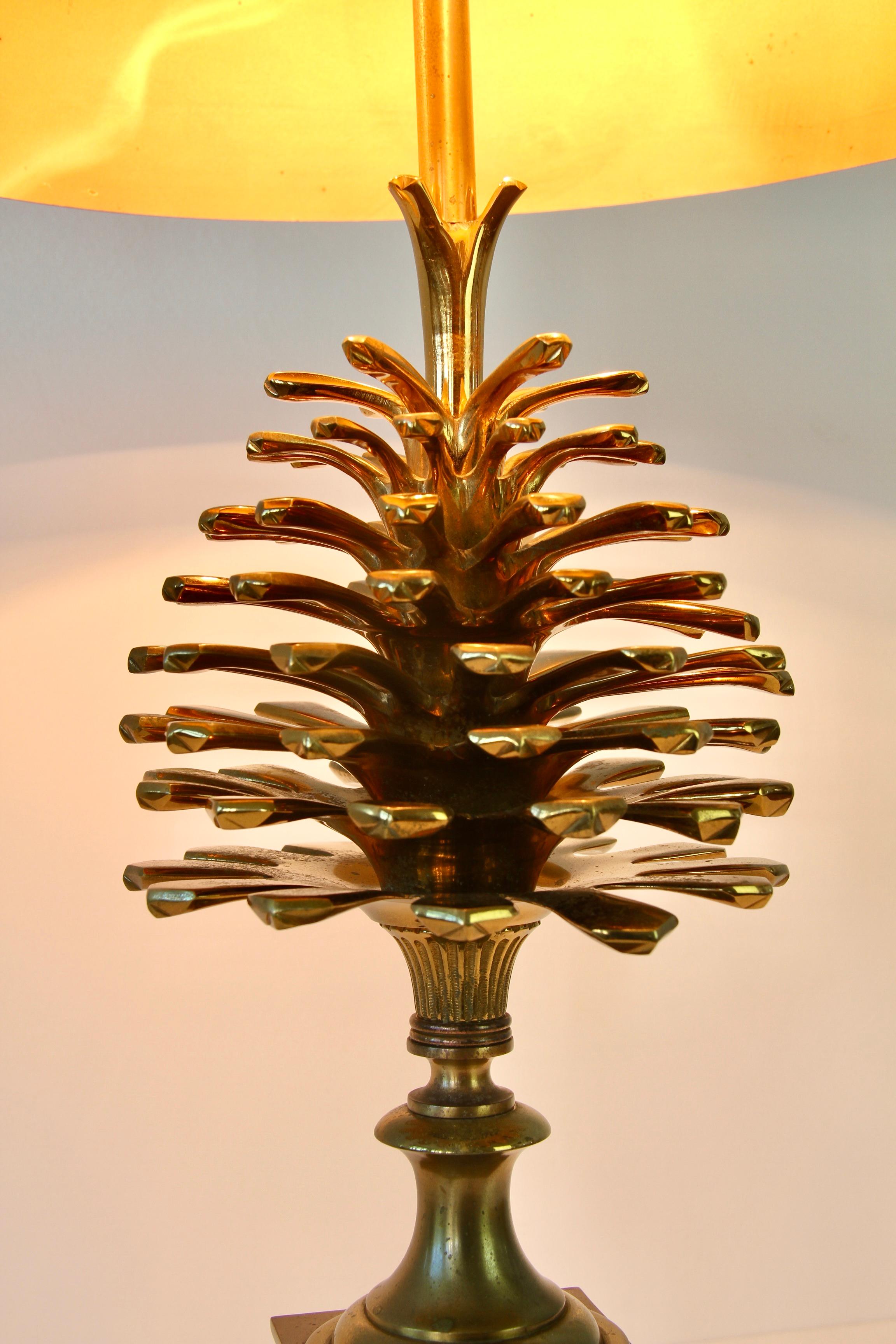 Maison Charles Signed Pine Cone Brass Table Lamp with Original Metal Shades 9