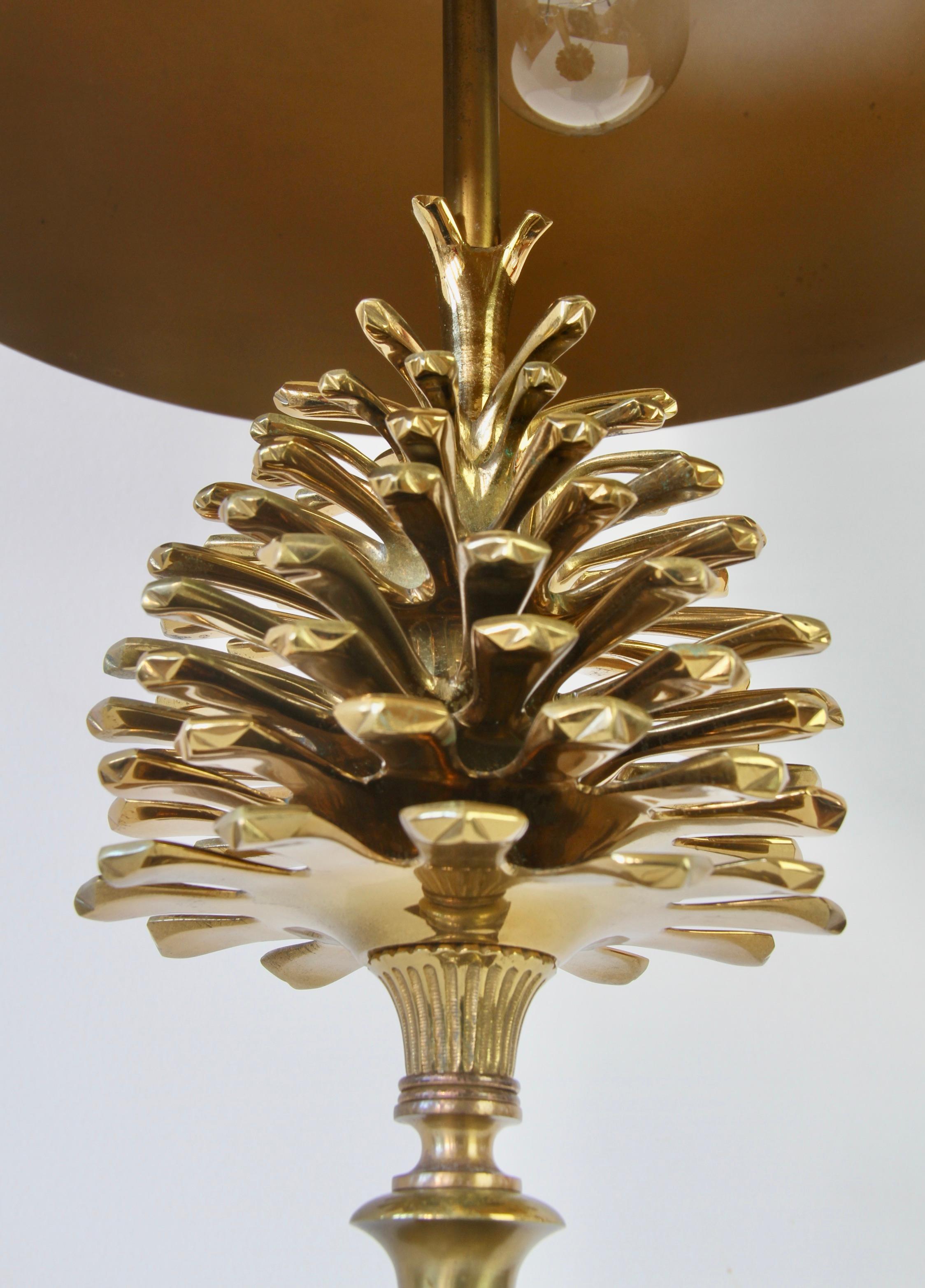 Maison Charles Signed Pine Cone Brass Table Lamp with Original Metal Shades 10