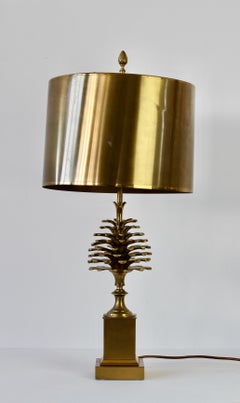 Maison Charles Signed Pine Cone Brass Table Lamp with Original Metal Shades