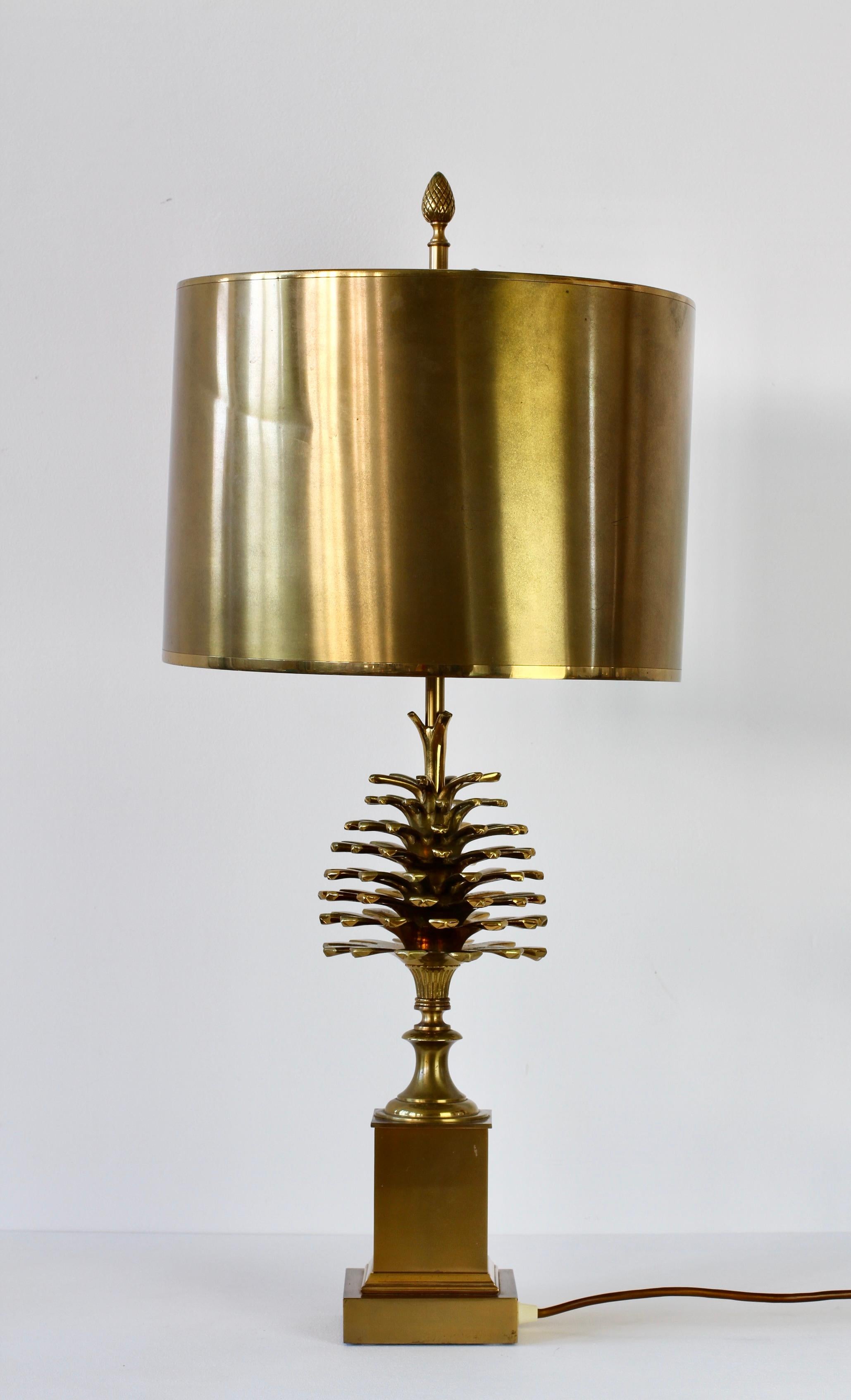 Mid-Century Modern Maison Charles Signed Pine Cone Brass Table Lamp with Original Metal Shades