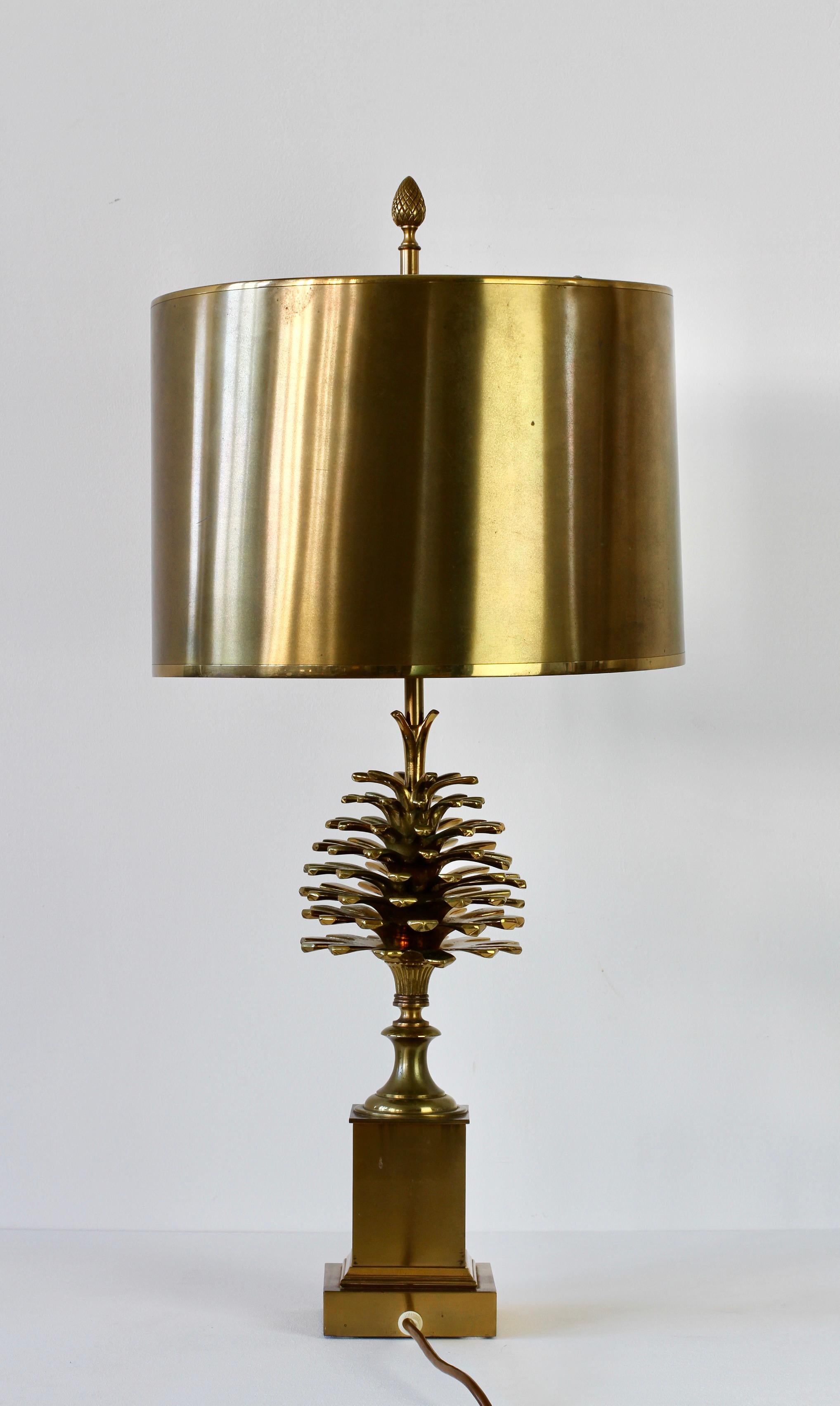 French Maison Charles Signed Pine Cone Brass Table Lamp with Original Metal Shades