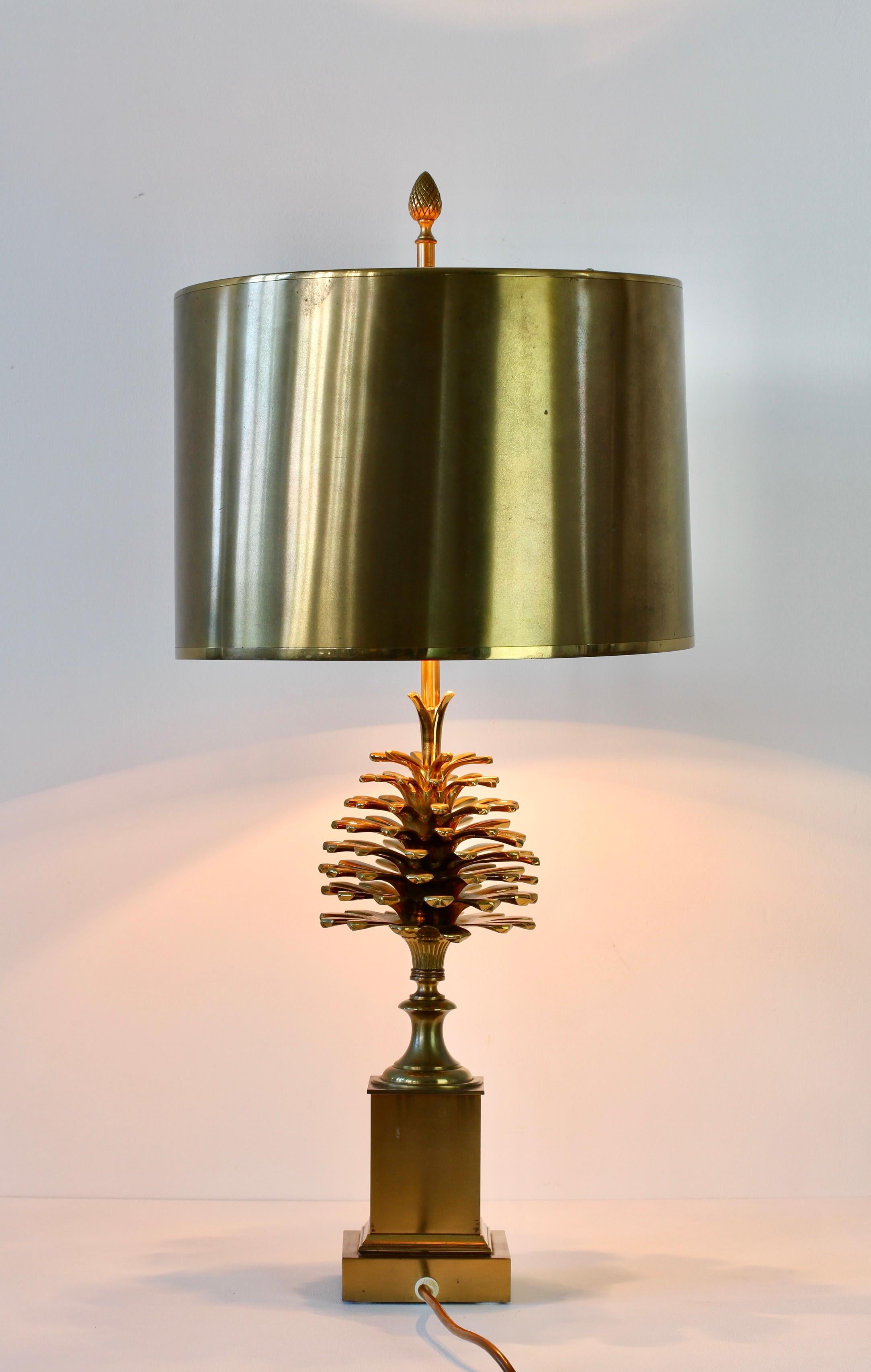 Cast Maison Charles Signed Pine Cone Brass Table Lamp with Original Metal Shades