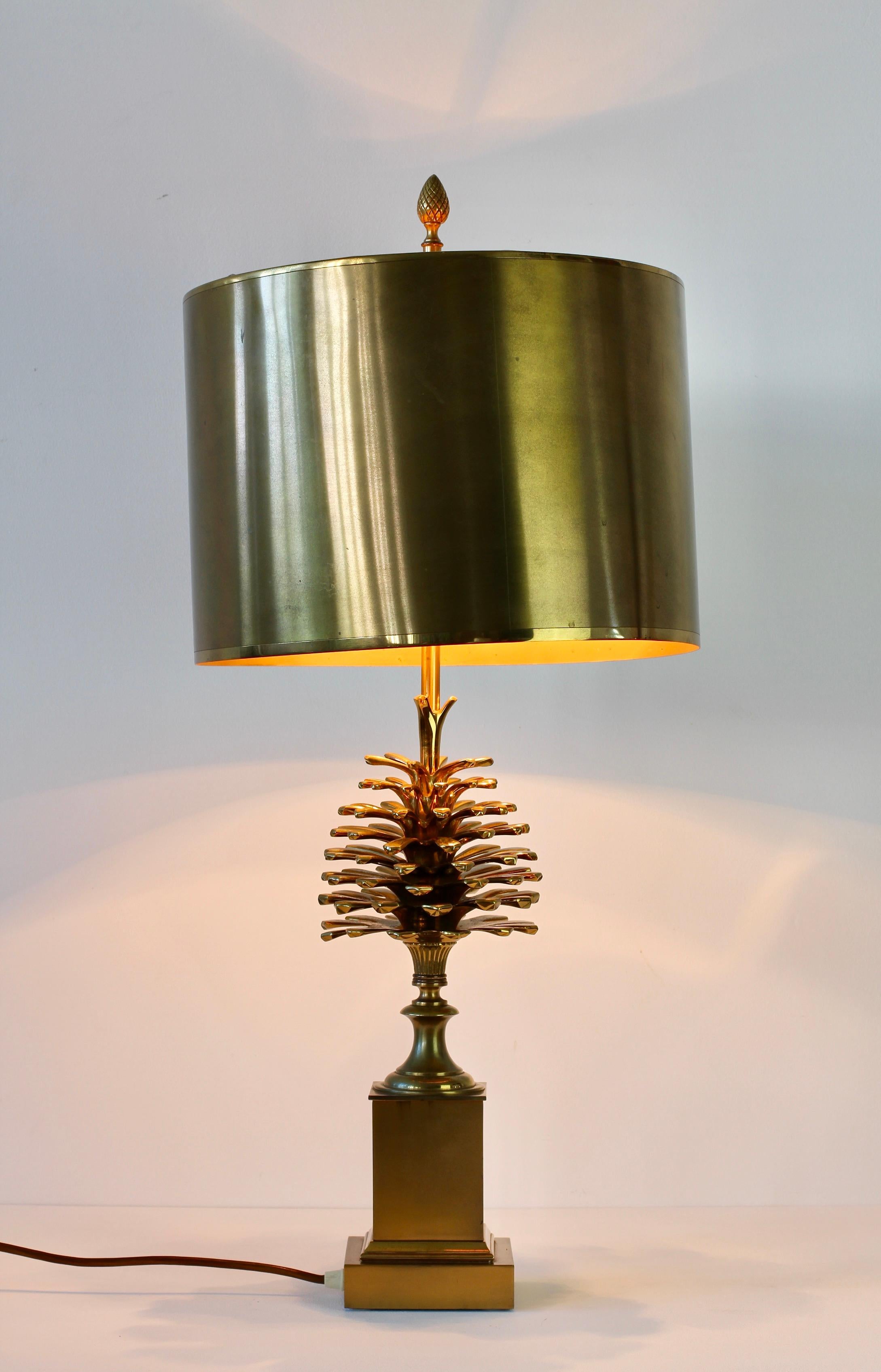 20th Century Maison Charles Signed Pine Cone Brass Table Lamp with Original Metal Shades