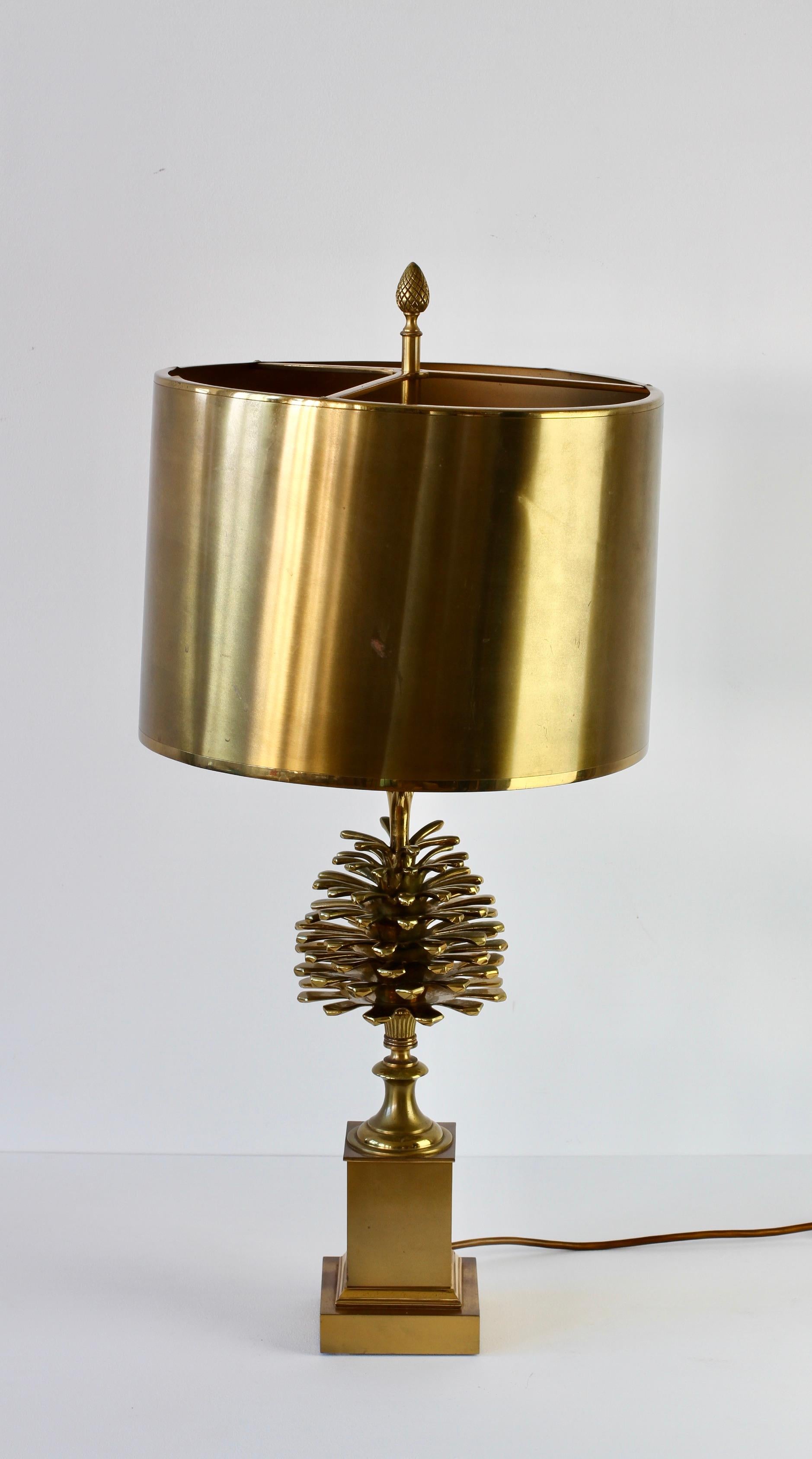 Maison Charles Signed Pine Cone Brass Table Lamp with Original Metal Shades 1