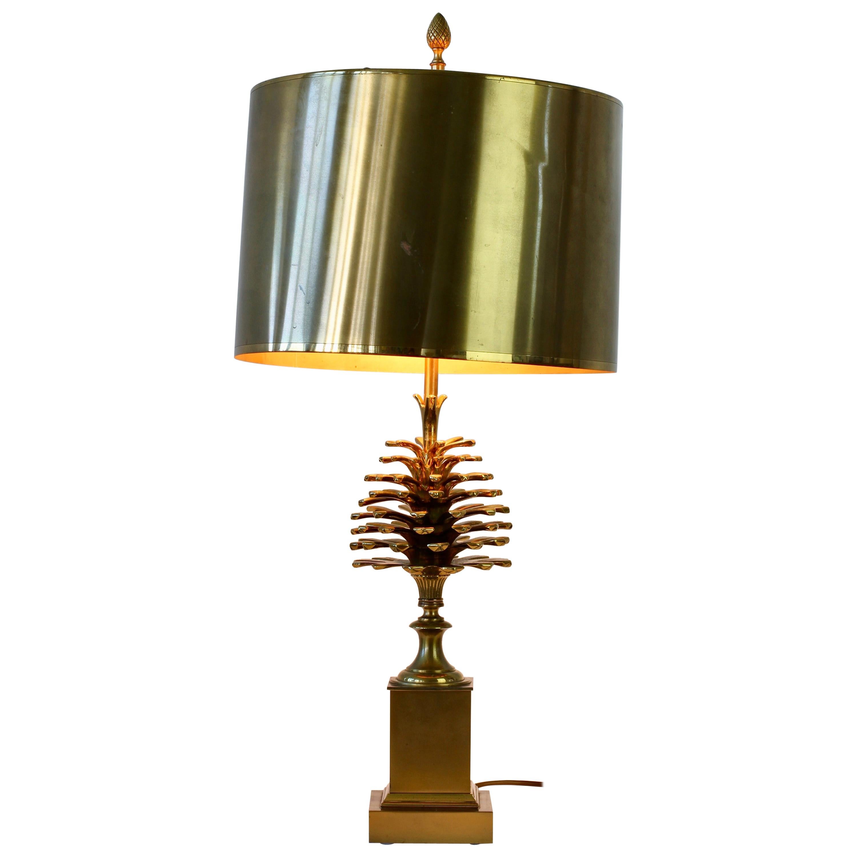 Maison Charles Signed Pine Cone Brass Table Lamp with Original Metal Shades