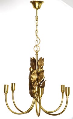 Maison Charles Stil Feuilles gold leaf & brass 6-light chandelier, France 1960