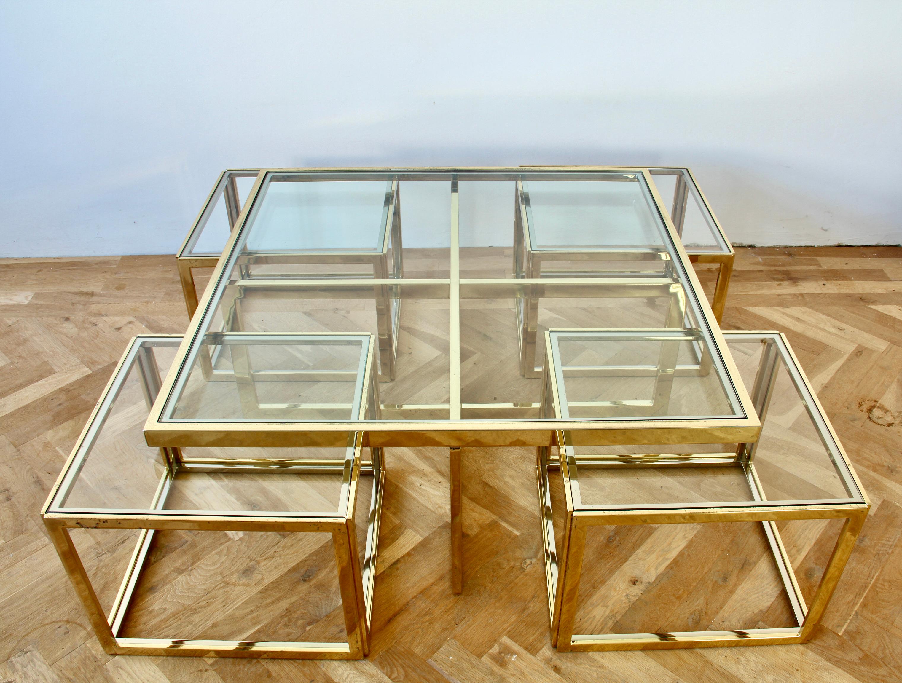 Maison Charles Style Brass / Chrome Bicolor Coffee Table & Nesting Tables, 1970s For Sale 3
