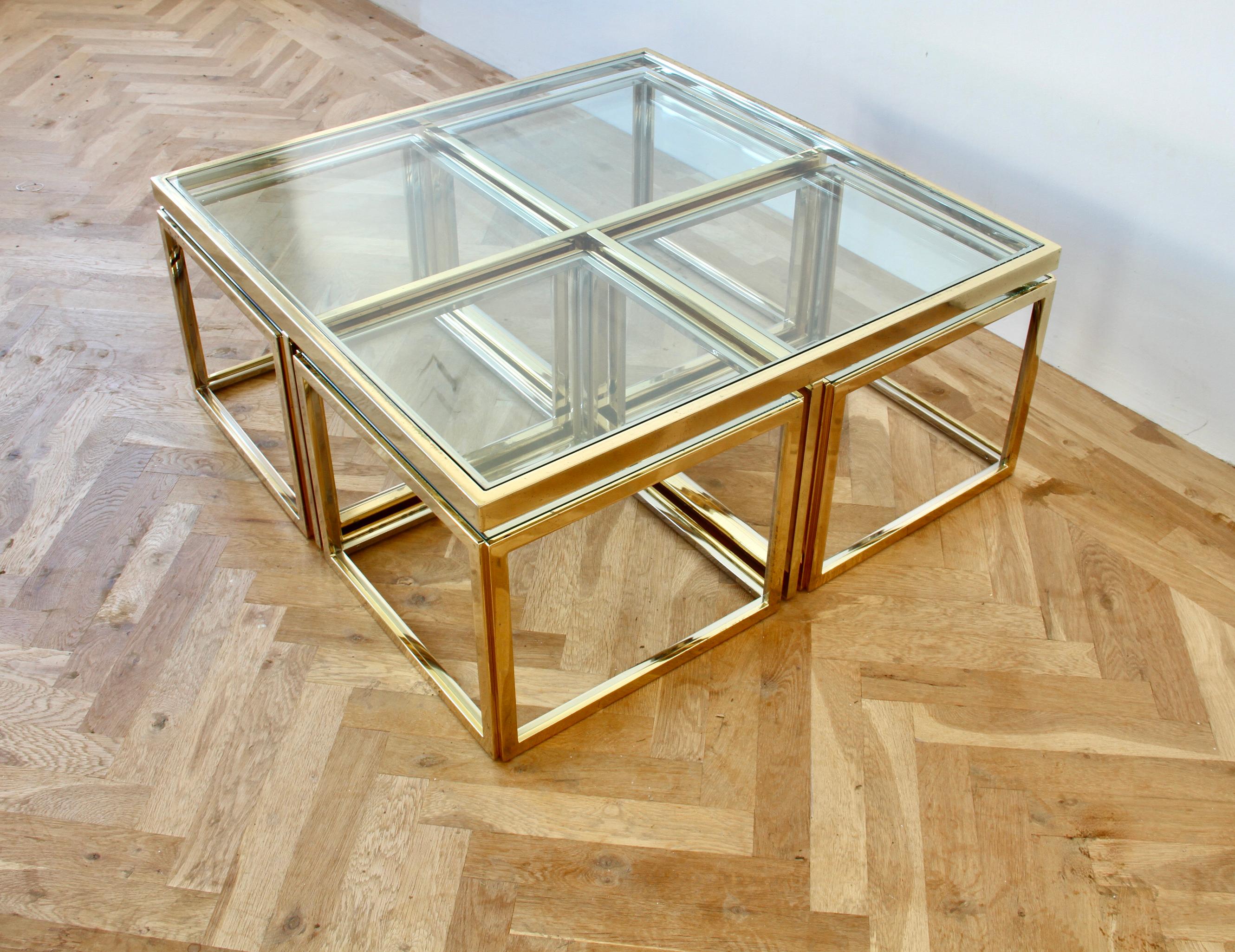 Maison Charles Style Brass / Chrome Bicolor Coffee Table & Nesting Tables, 1970s For Sale 4