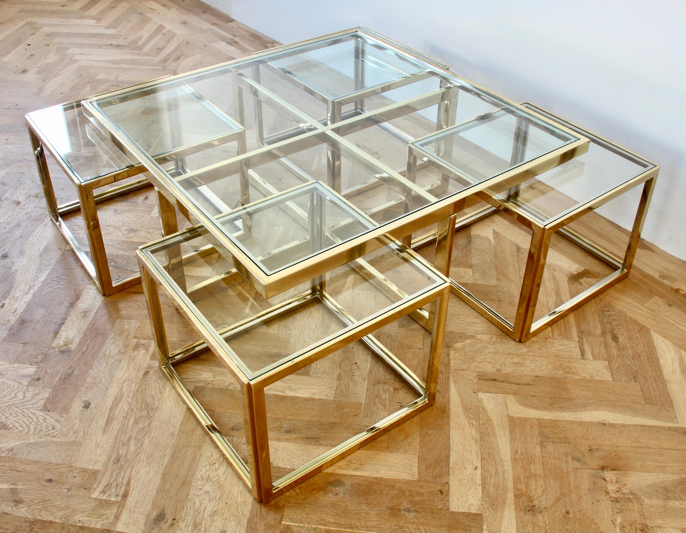 Maison Charles Style Brass / Chrome Bicolor Coffee Table & Nesting Tables, 1970s For Sale 5
