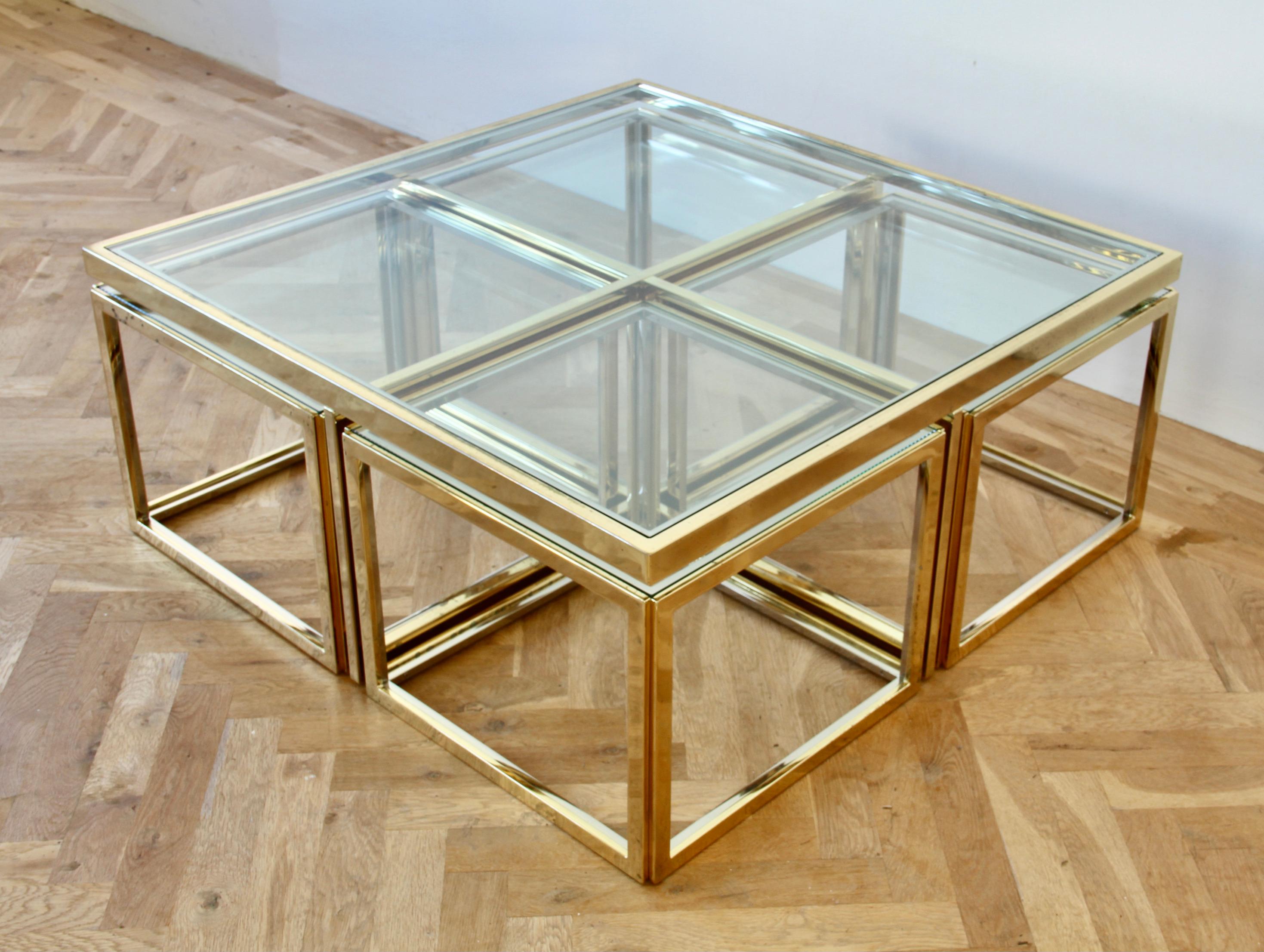 Maison Charles Style Brass / Chrome Bicolor Coffee Table & Nesting Tables, 1970s For Sale 6