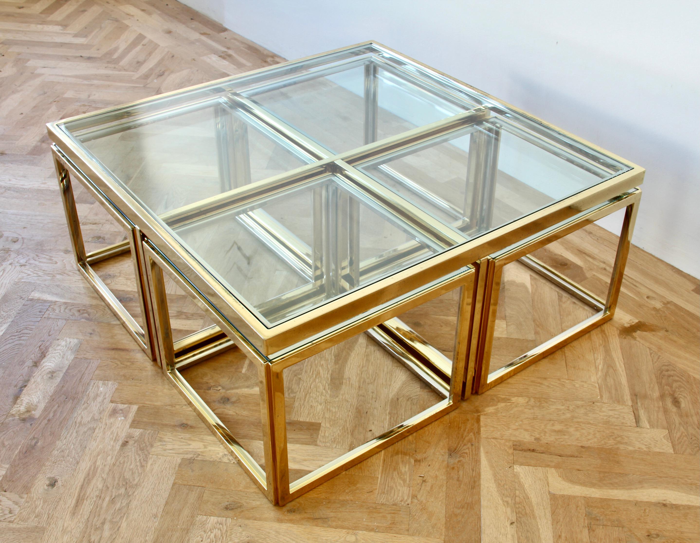 Maison Charles Style Brass / Chrome Bicolor Coffee Table & Nesting Tables, 1970s For Sale 7