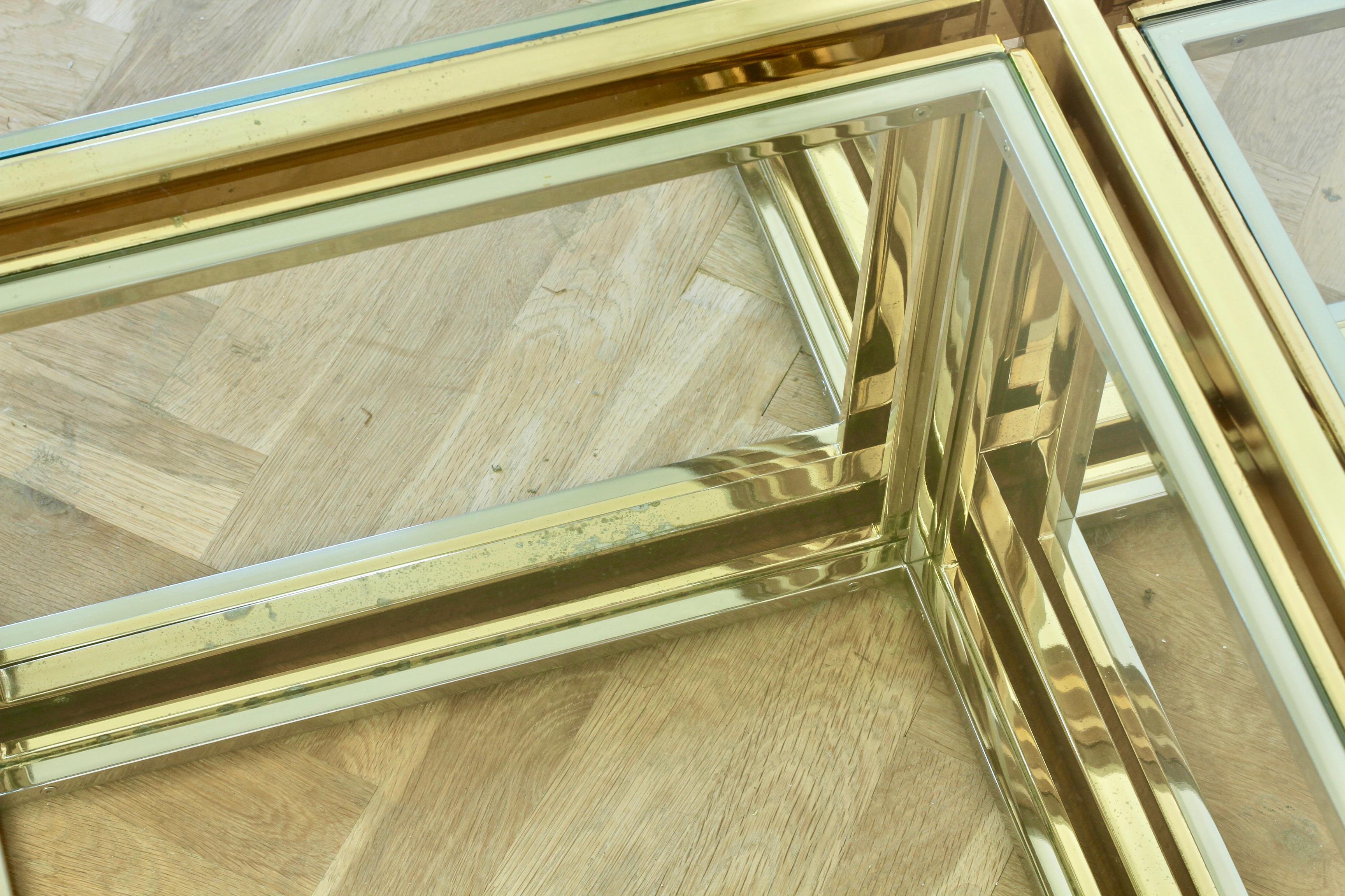 Maison Charles Style Brass / Chrome Bicolor Coffee Table & Nesting Tables, 1970s For Sale 8